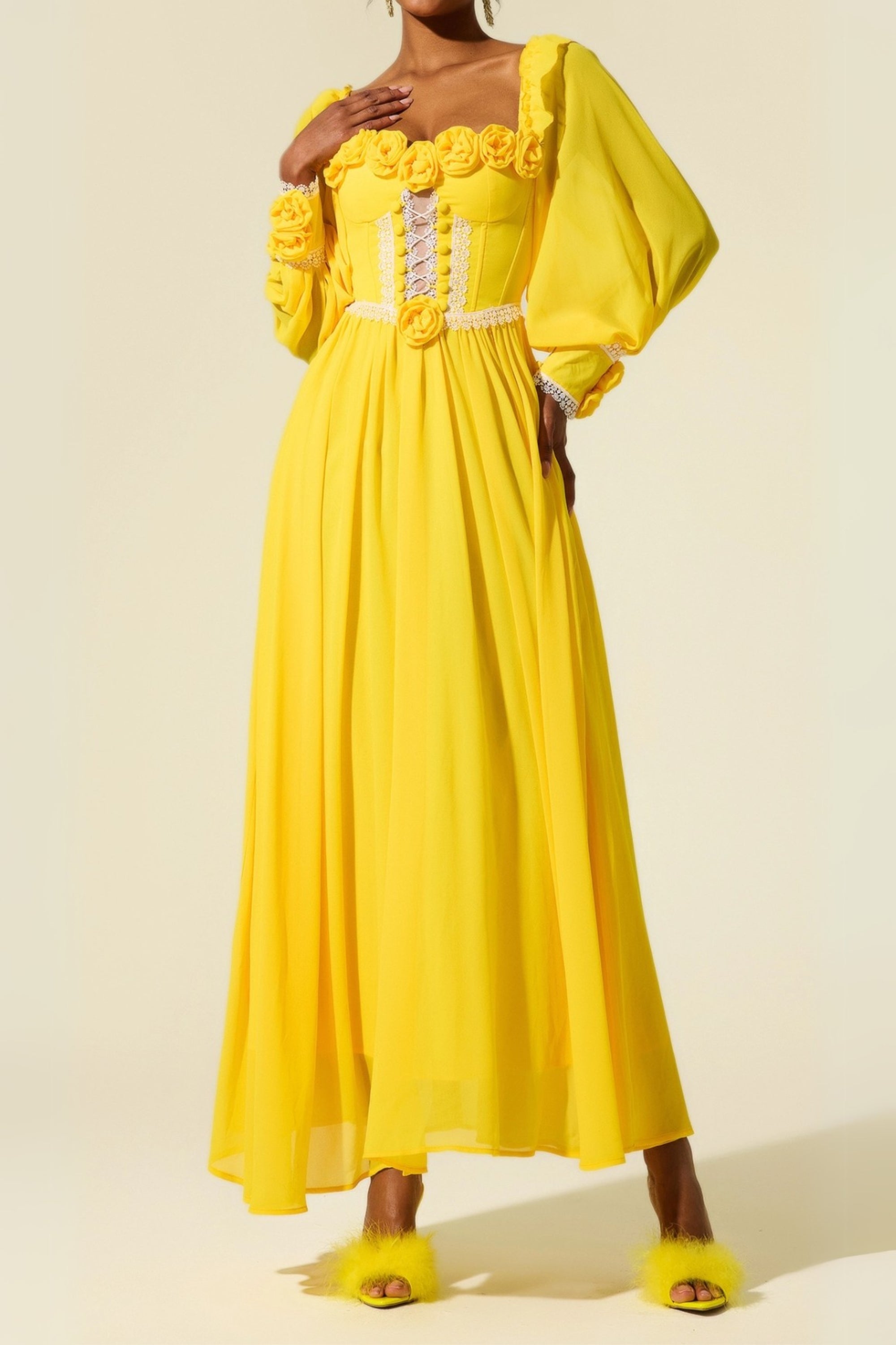 Elegant Yellow Chiffon 3D Flower Long Sleeve Midi Dress for Women | Summer Wedding Guest Dress & Party Cocktail Attire