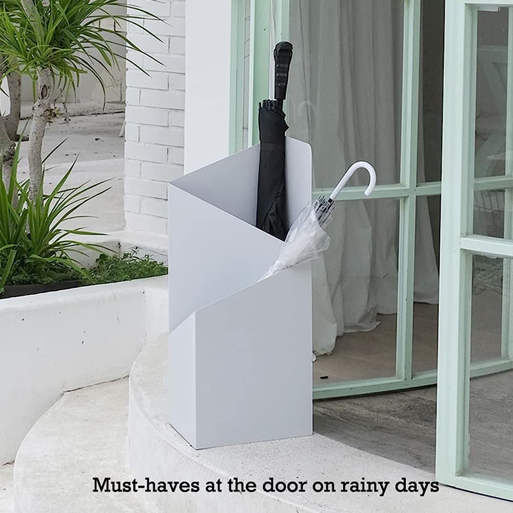 Modern White Umbrella Stand with Drip Tray - Double Layer Umbrella Holder for Hallway, Office, Porch & Door Entrances - Space Saving Home Organizer for Wet Umbrellas & Drip Protection