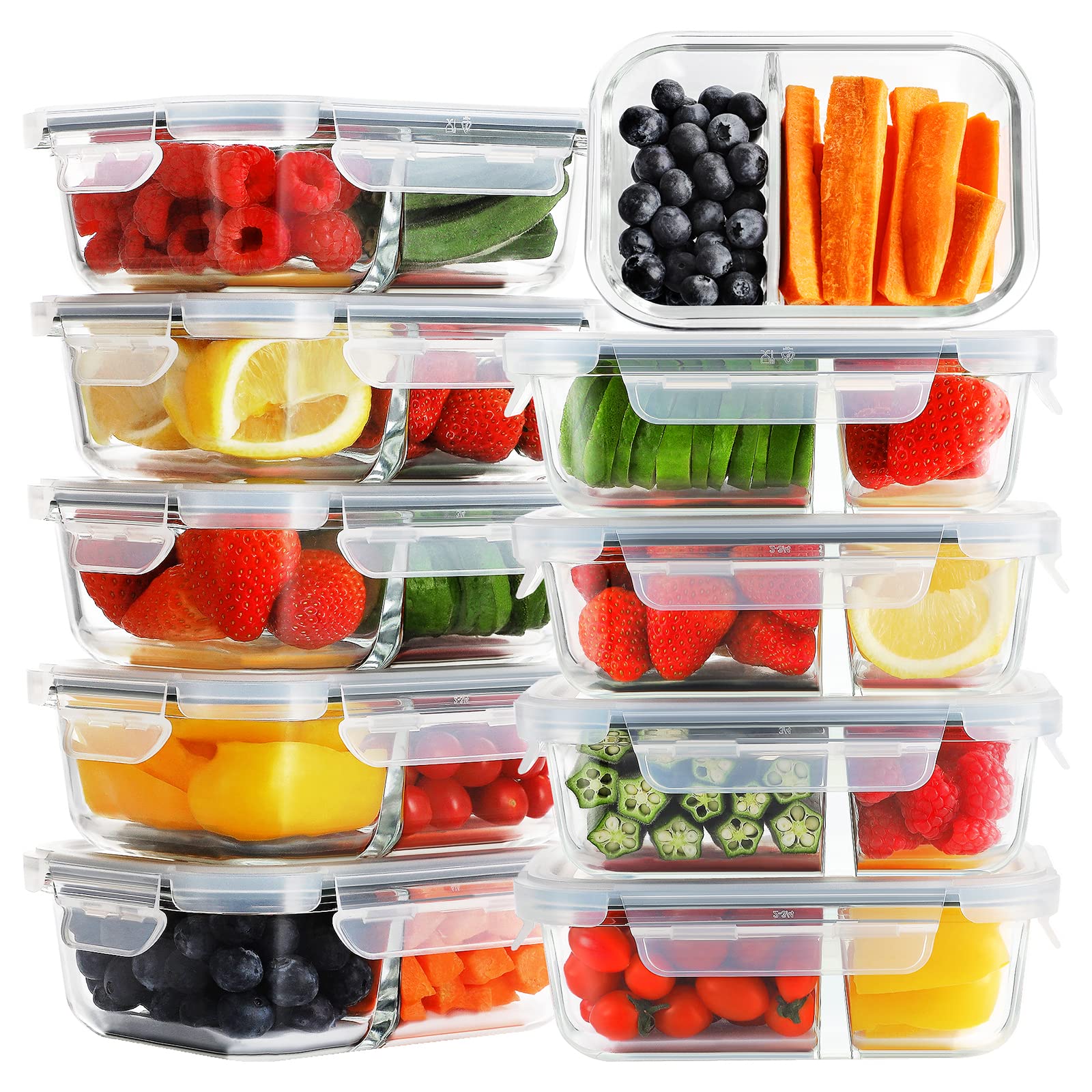 Bayco 10-Pack Glass Meal Prep Containers with 2 Compartments - Airtight BPA-Free Food Storage Containers & Leak Proof Lunch Bento Boxes (10 Lids + 10 Containers, Grey) - Perfect for Meal Prepping, Office Lunches & Healthy Eating On-The-Go