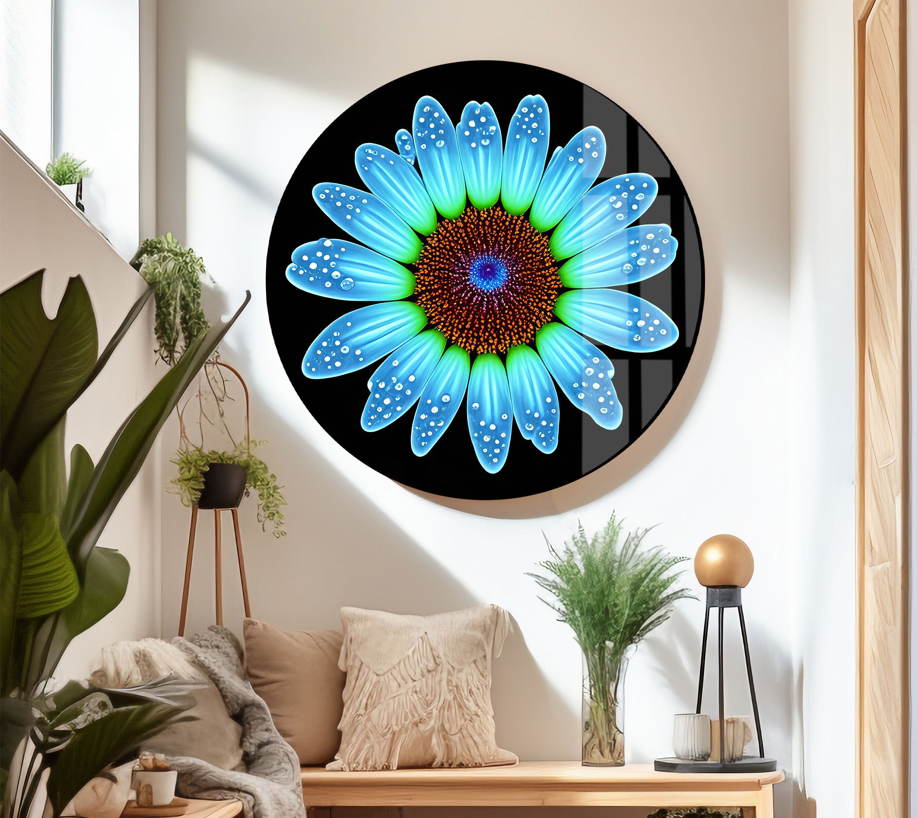 Blue Daisy Flower Wall Art - Luminous Glass Print on Black Background with Water Droplet Detail | Modern Home Decor for Living Room, Bedroom & Office | Elegant Botanical Wall Decor for Contemporary Interiors