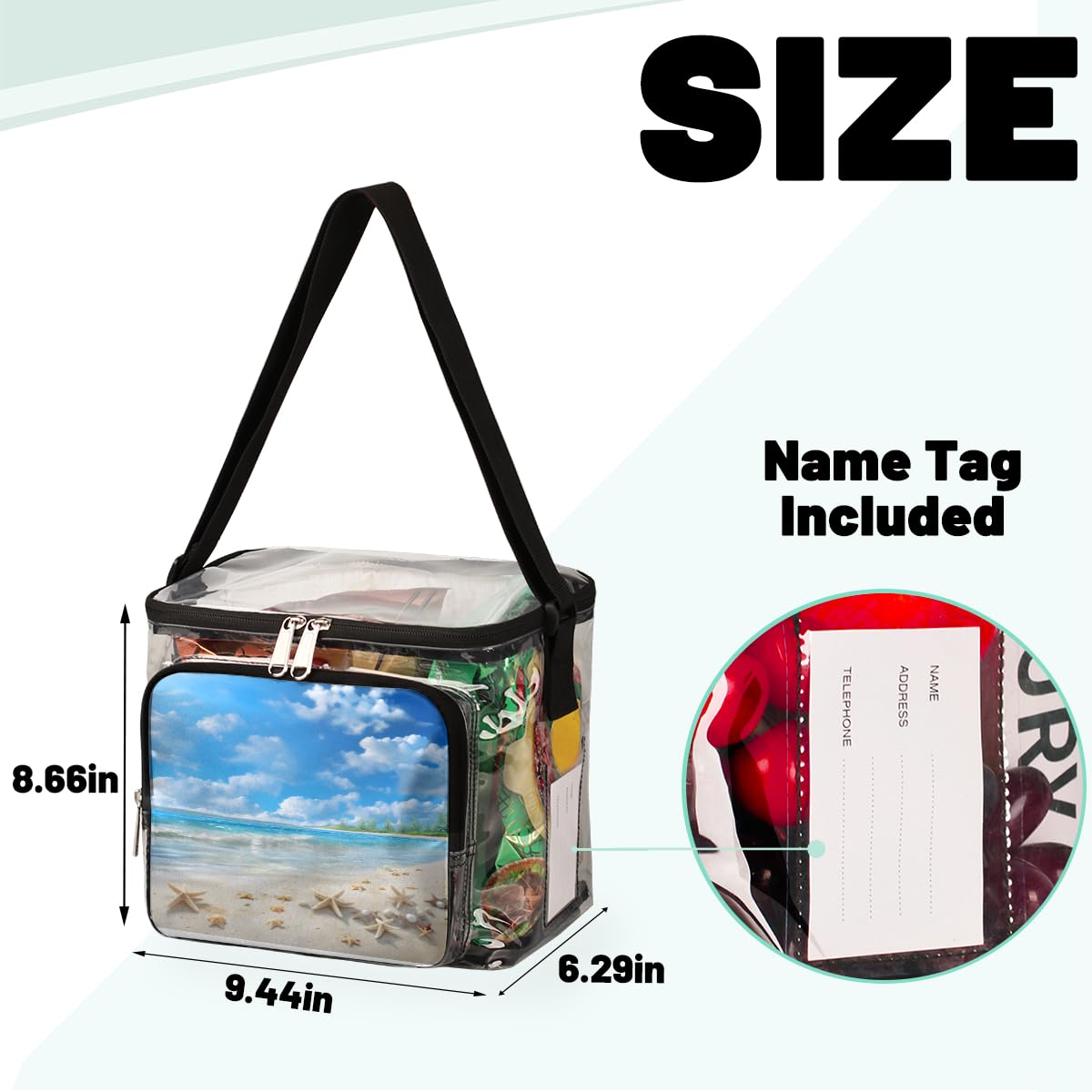 GzLeyigou Clear Transparent Tote Bag with Handles - Blue Sky Beach Starfish Shell Design - Crossbody Shoulder Bag & Lunch Tote for Outdoor Activities, Travel, Picnic, Concerts & Sports Events (Stadium Approved) - Perfect for Beach Days, Music Festivals and Summer Adventures