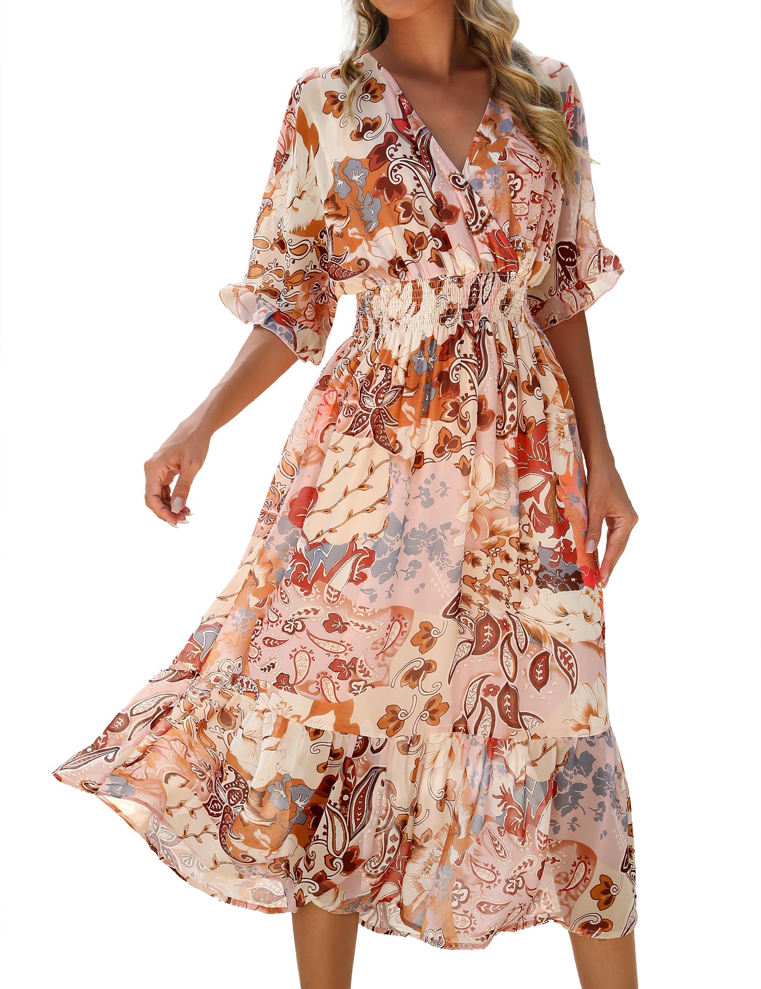 2025 Women's Floral Midi Dress - A-Line Chiffon Boho Casual Short Sleeve Beach Dress for Spring Summer | Perfect for Vacations, Date Nights & Outdoor Parties
