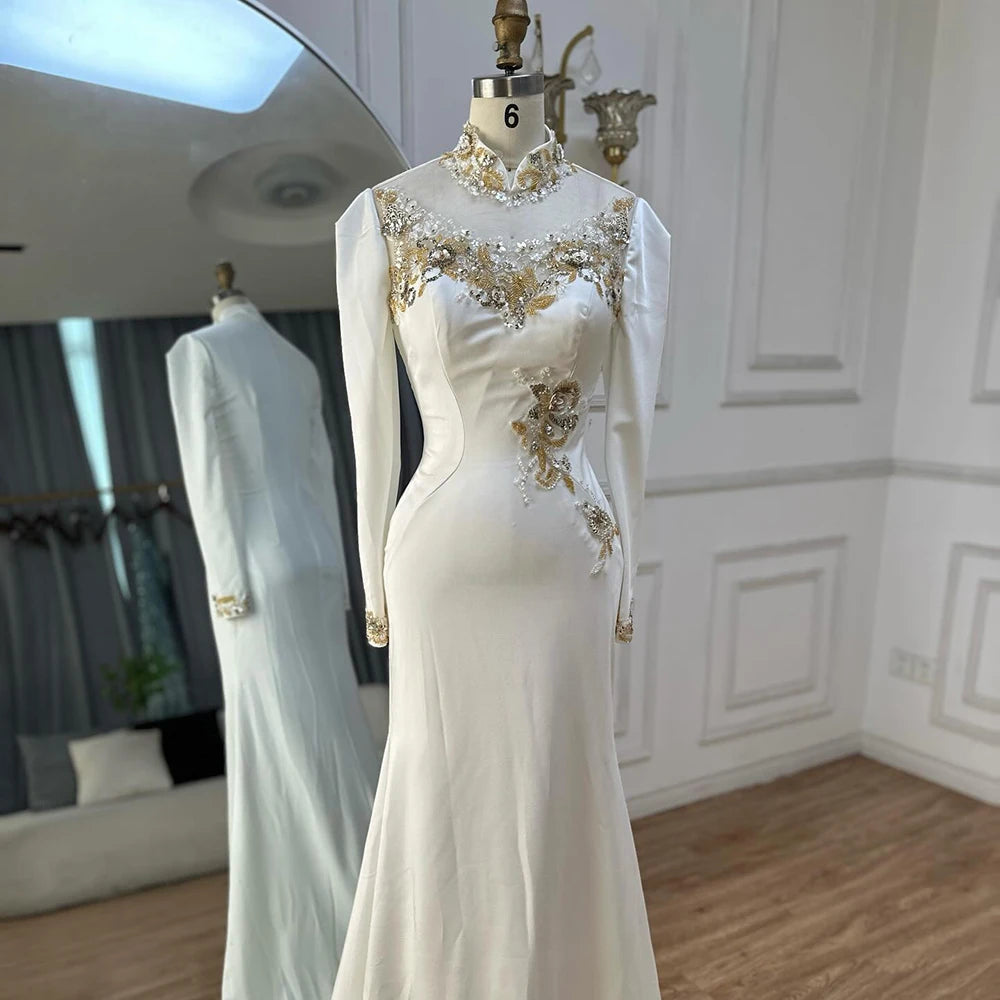 Luxury Dubai Arabic White Beaded Satin Saudi Mermaid Evening Dress Gown for Women - Formal Occasion Wedding Party Prom LA72815 | Elegant Long Sleeve Bridal Gown for Special Events