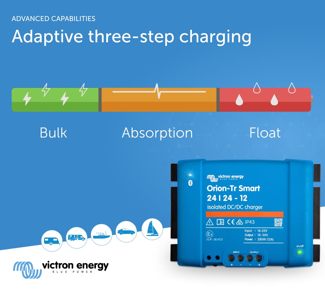 Victron Energy Orion-Tr Smart DC to DC Charger 24V/24V 12A 280W with Bluetooth - Isolated Battery Charger for Dual Battery Systems - Perfect for RVs, Boats & Off-Grid Power Solutions