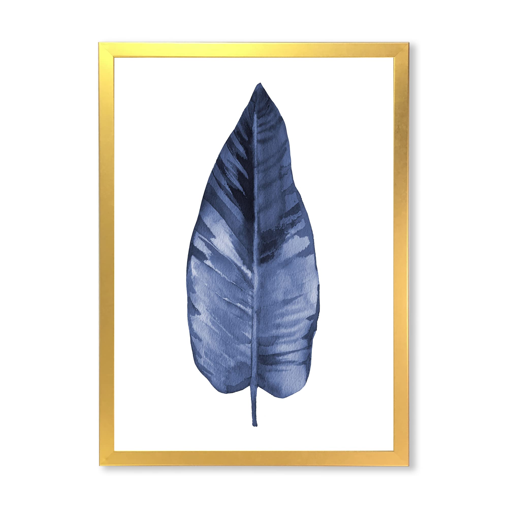 DesignQ Blue Leaf Watercolor Painting - Traditional Framed Wall Art Decor for Living Room, Bedroom & Office | Handmade Canvas Artwork