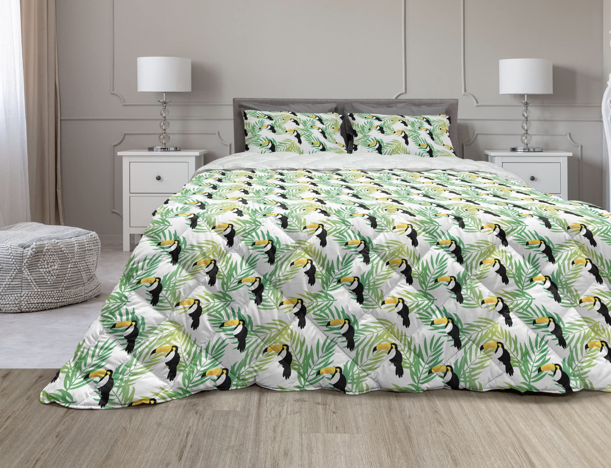 Ambesonne Tropical Comforter Set with Exotic Birds & Coconut Palm Tree Design - 2 Piece Microfiber Duvet Cover & Sham Set, Twin XL Size, Green & Charcoal Grey - Perfect for Summer Bedroom Decor & Beach House Styling