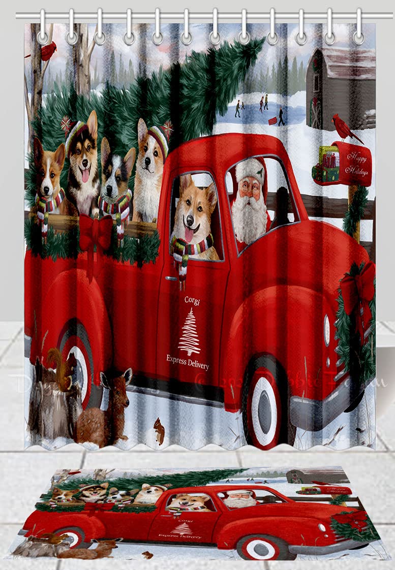 Christmas Santa Express Delivery Red Truck Corgi Dog Shower Curtain & Bath Mat Set - Non-Slip Bathroom Rug & Polyester Bathtub Curtain with Hooks (16''x28'' Rug, 69