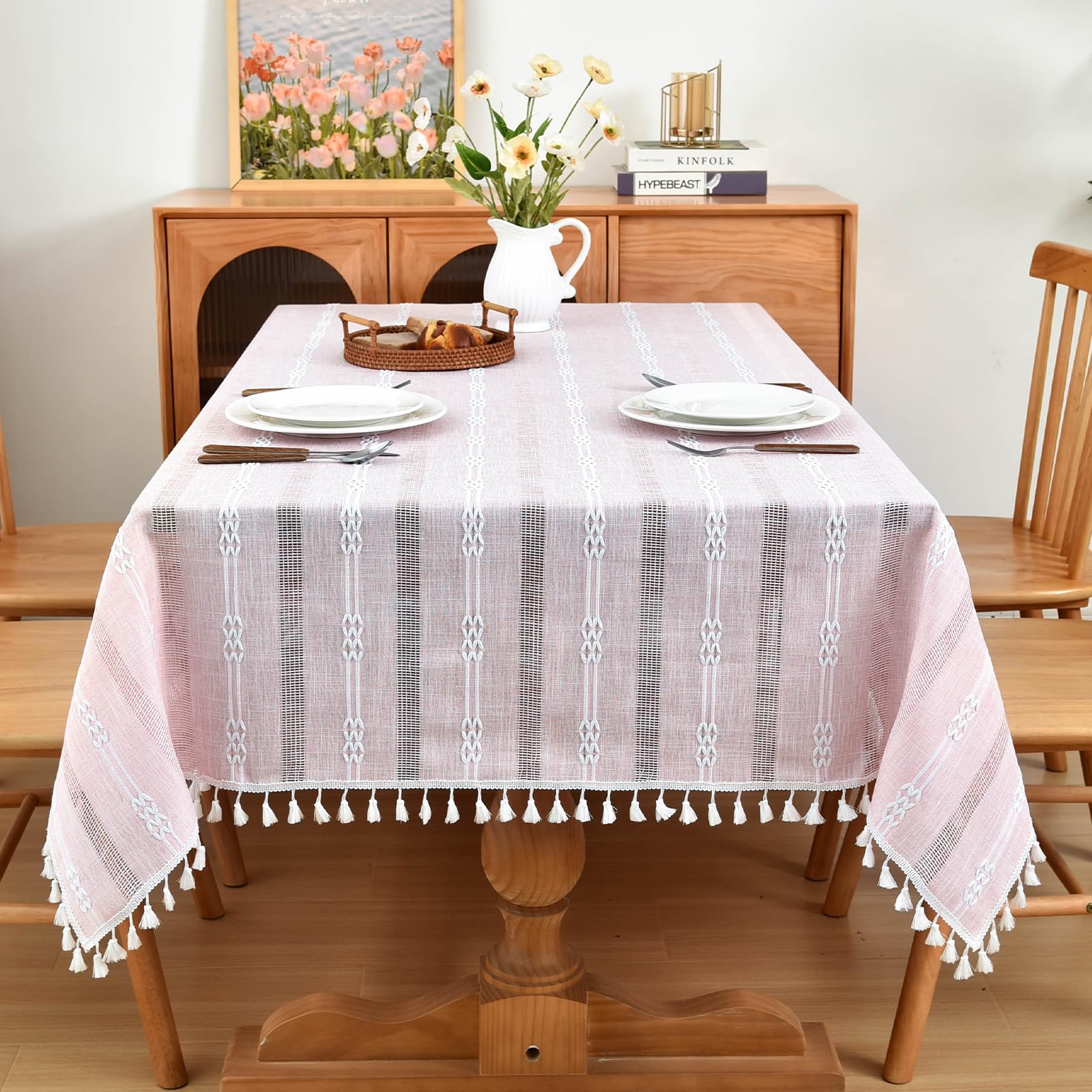 Rustic Embroidered Linen Tablecloth with Tassels - 55x55 Inch Wrinkle-Free Farmhouse Dining Table Cover for Kitchen, Square Tables (4 Seats, Pink) - Perfect for Dinner Parties, Holiday Gatherings & Farmhouse Decor