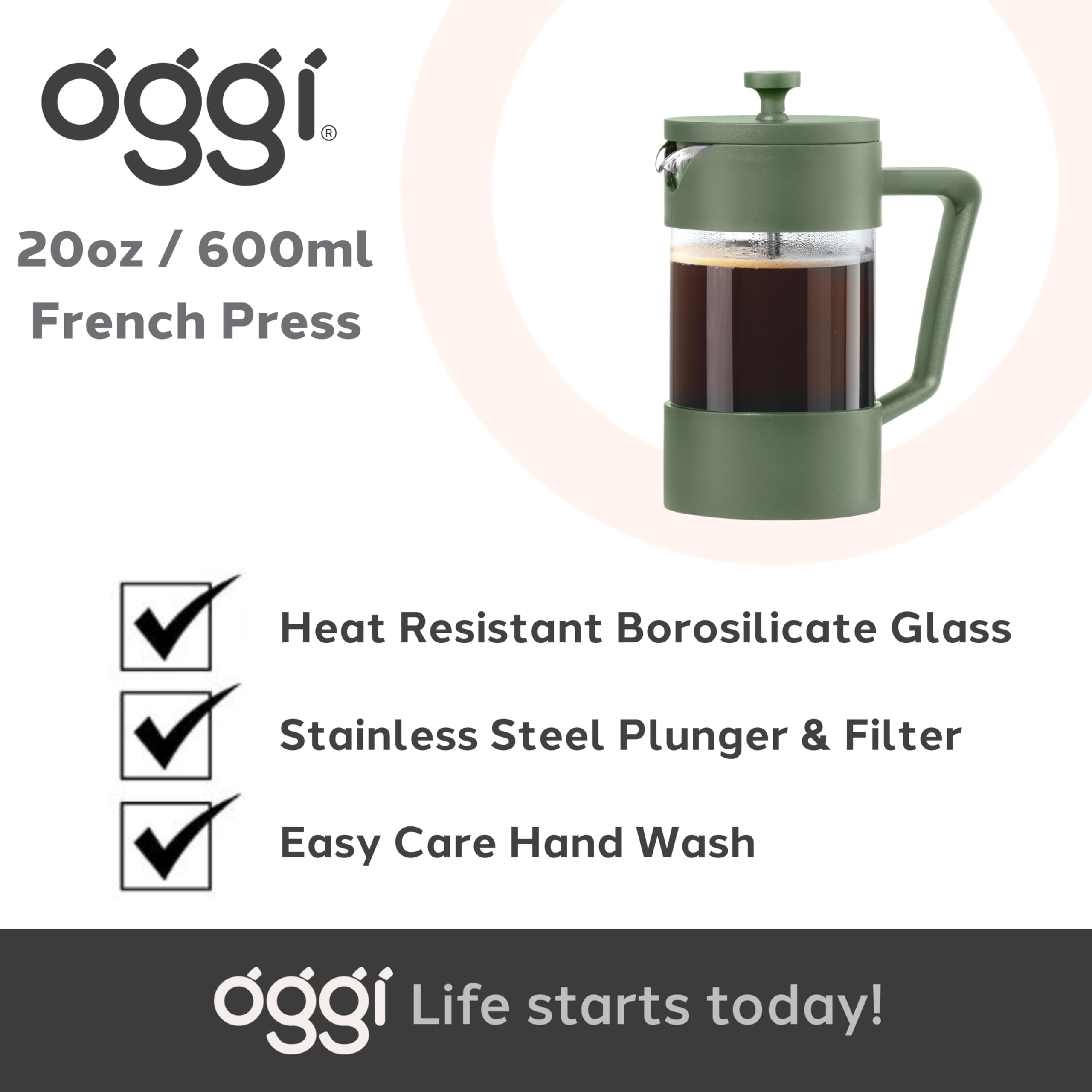 Premium Oggi Borosilicate Glass French Press Coffee Maker - 20oz (5 Cup) Capacity, Single Serve Coffee Press with Stainless Steel Lid & Plunger | Perfect for Home, Office & Camping | Great Coffee Gift Idea in Green