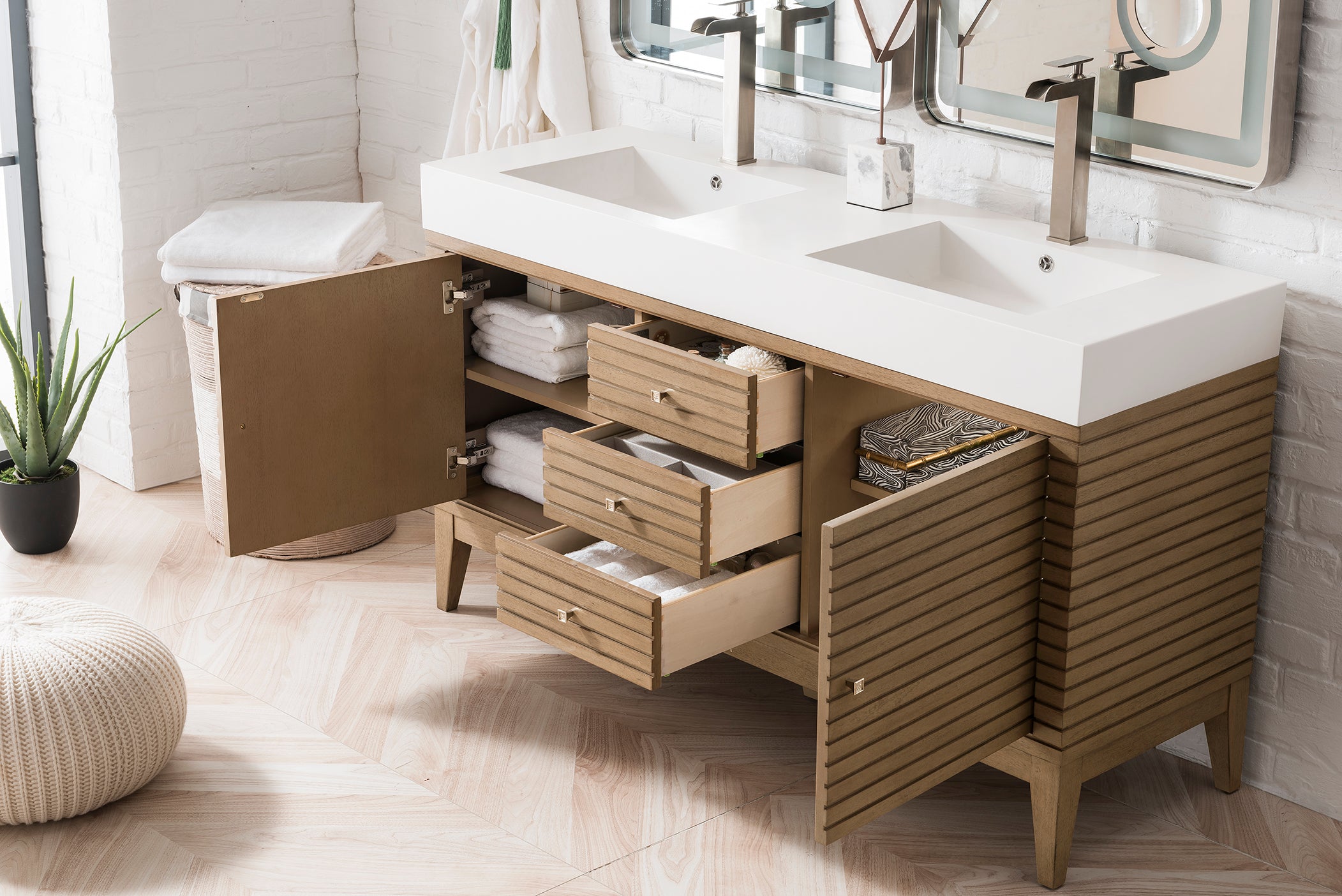59-Inch Linear Double Vanity with Whitewashed Walnut Base & Glossy White Composite Top - Perfect for Modern Bathroom Renovations and Master Suite Upgrades