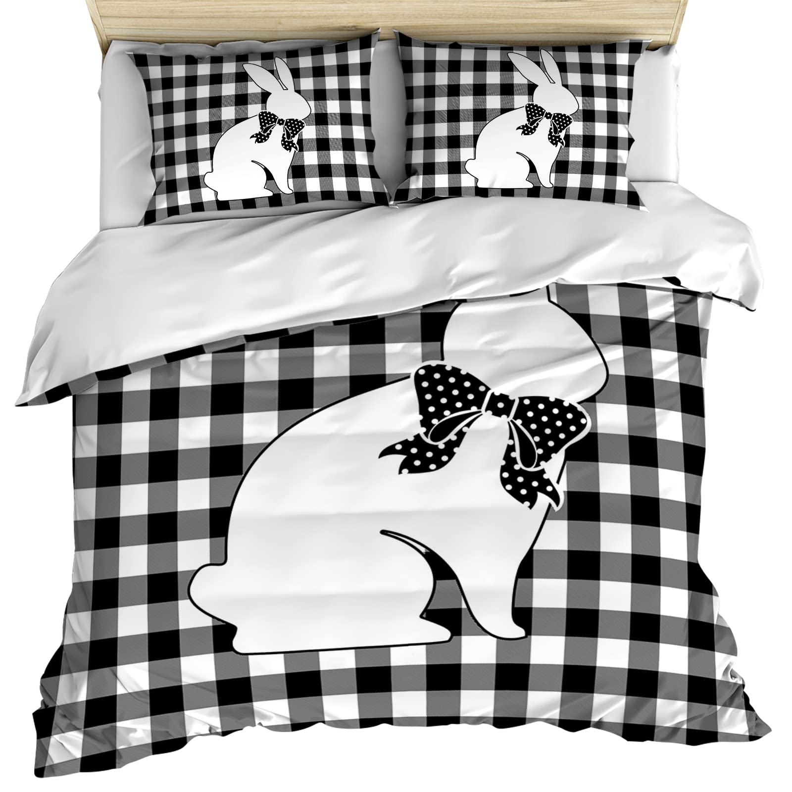 Easter Bunny Silhouette Black and White Buffalo Plaid Duvet Cover Set - 3 Piece California King Size Bedding with Soft Microfiber Comforter & 2 Pillowcases | Cozy Spring Bedroom Decor for Easter & Farmhouse Style Homes