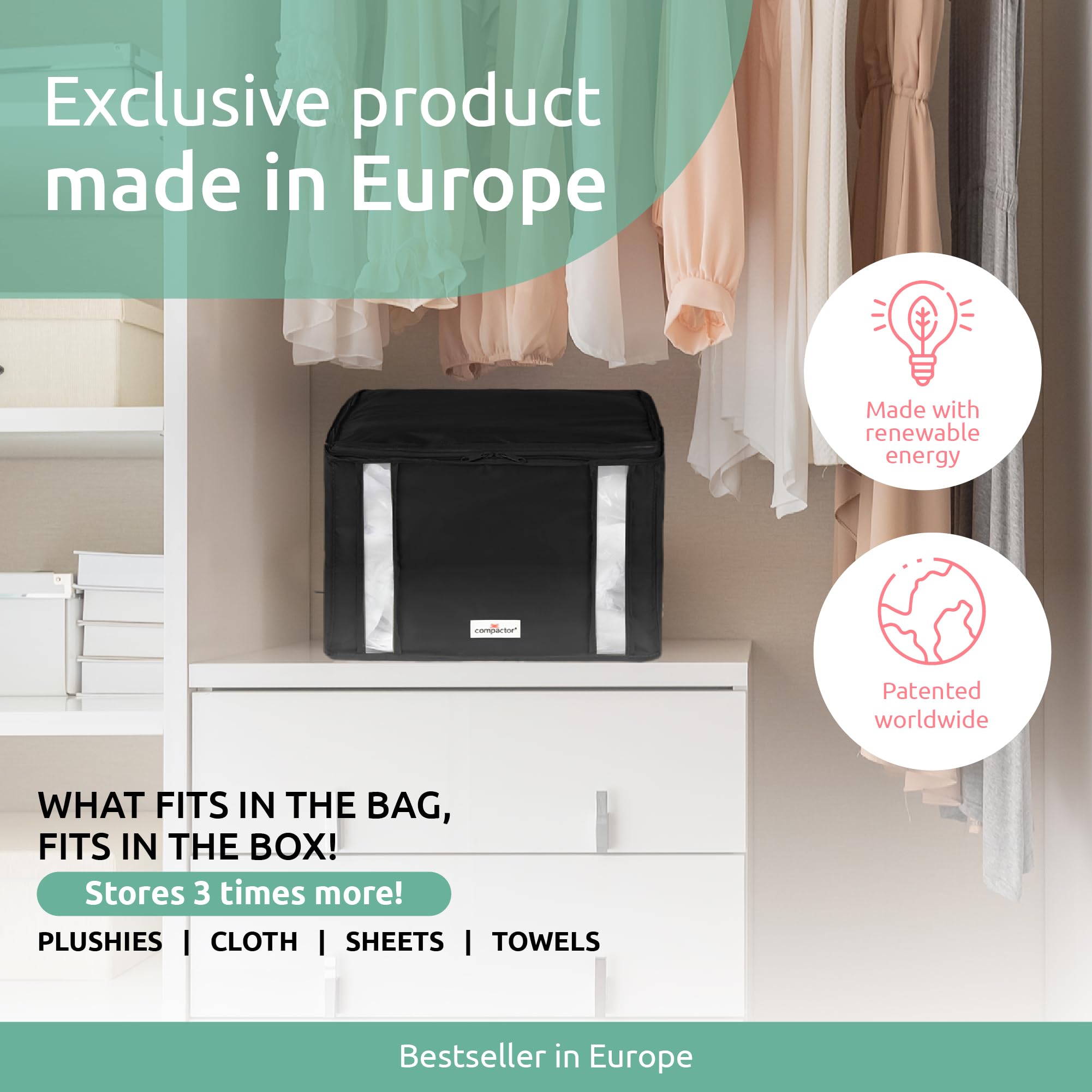 Vacuum Storage Bags for Clothes, Comforters & Blankets | Space Saving Compactor Bags | Semi-Rigid Black Storage Box | Wardrobe & Travel Organizer | Perfect for Seasonal Clothes, Bedding & Moving