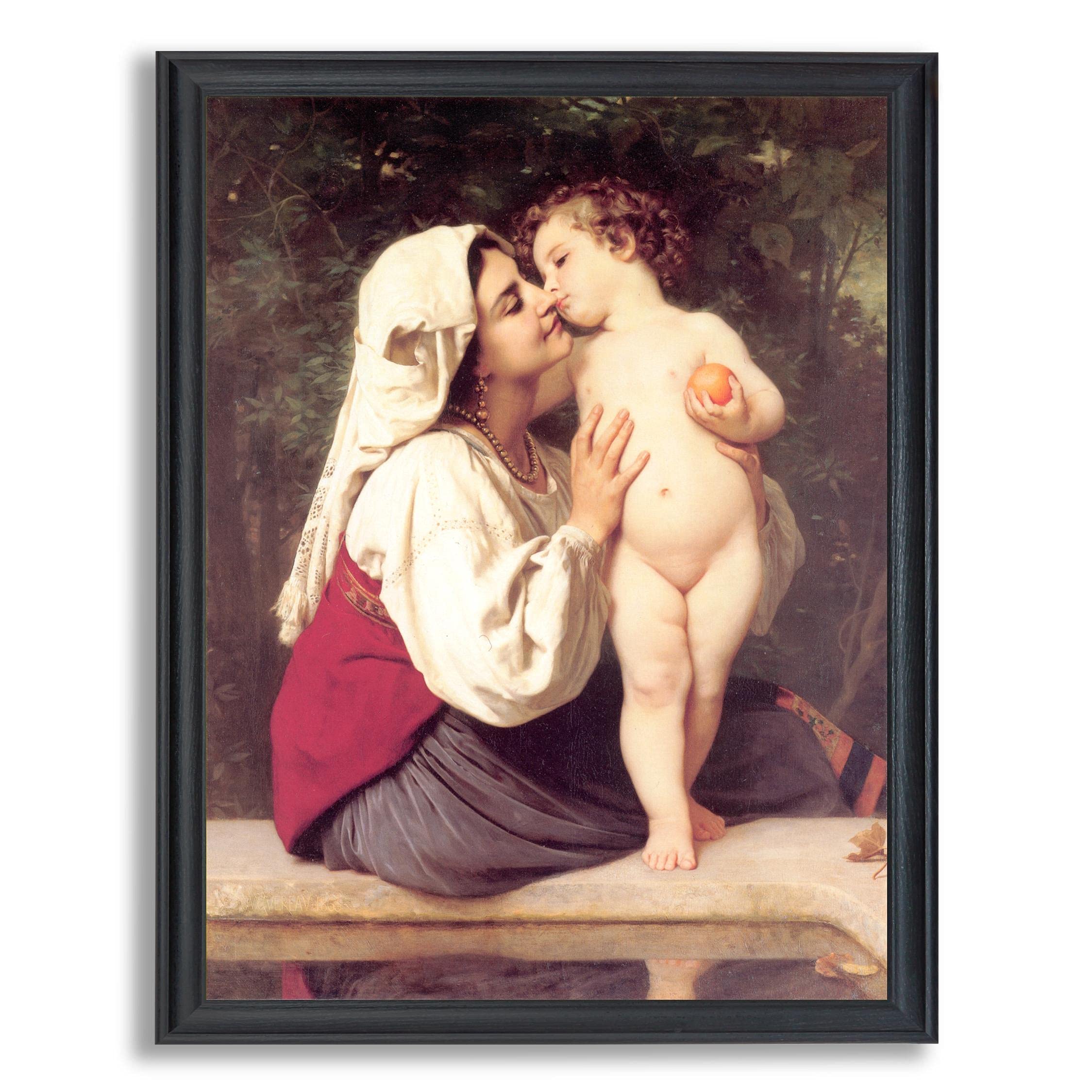 William Bouguereau The Kiss Framed Canvas Wall Art - High Quality Fine Art Reproduction Painting in Wood Frame - Perfect for Bedroom, Living Room & Office Decor - Romantic Home Wall Decor Gift