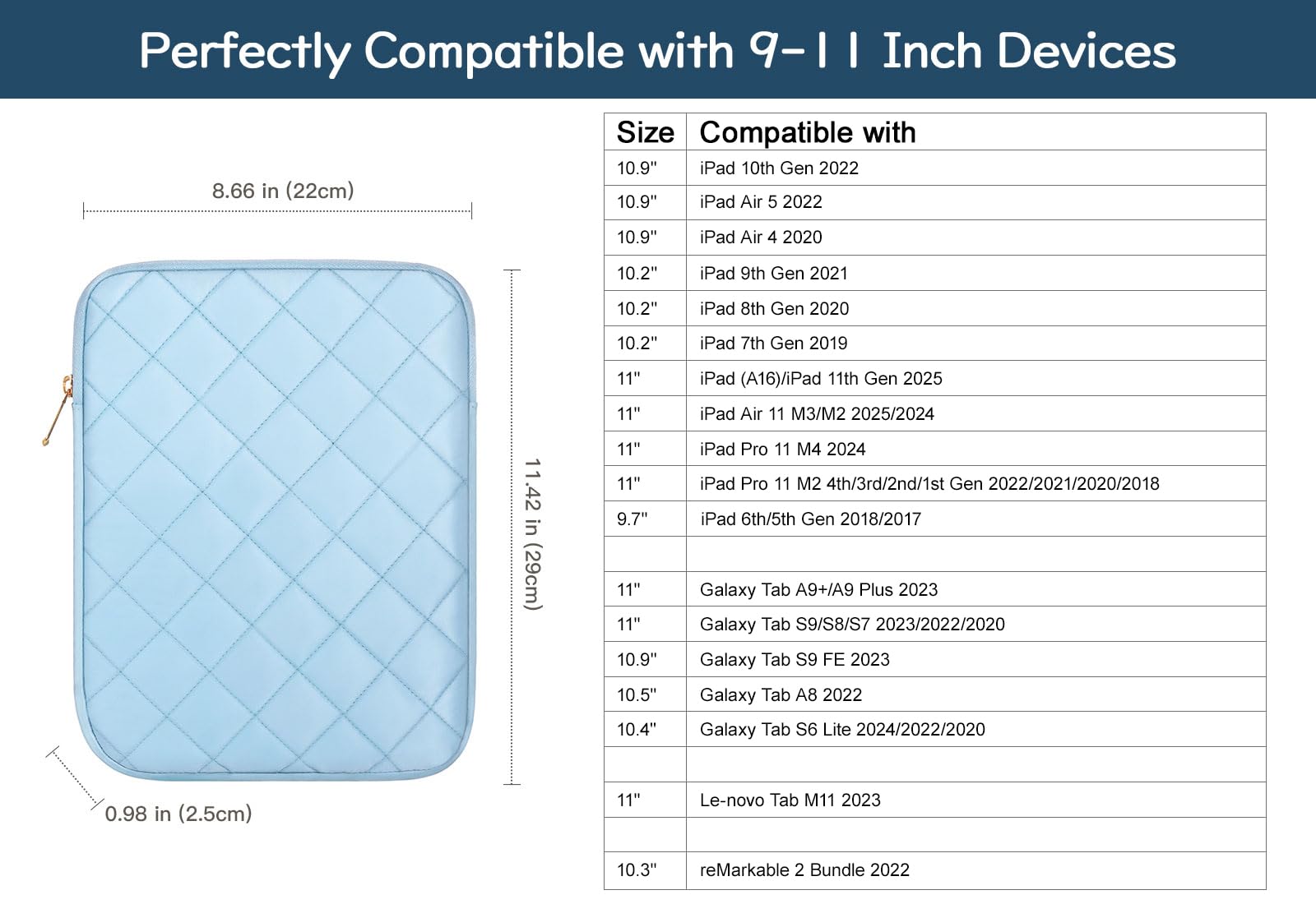 Premium 9-11 Inch Puffy Padded Tablet Sleeve Case - Compatible with iPad 10th Gen 10.9
