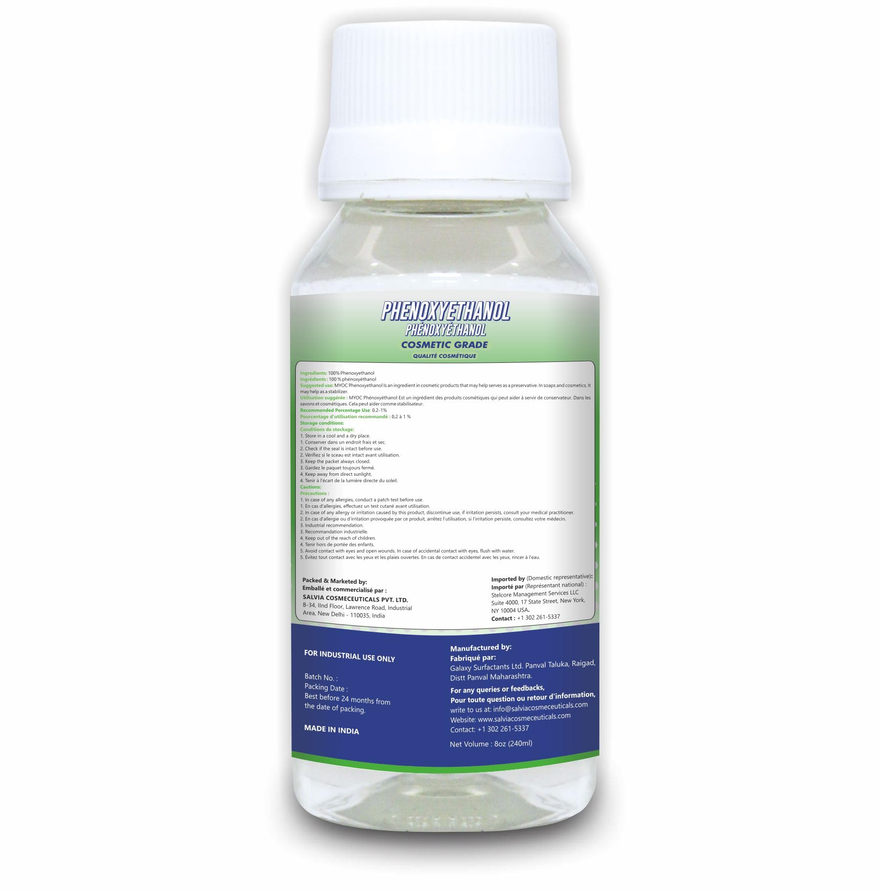 Phenoxyethanol Liquid Preservative for Skincare - 240ml | Safe for Moisturizers, Sunscreen, Acne Care, Hair Products & Baby Cosmetics | Ideal for DIY Beauty Products & Cosmetic Formulations