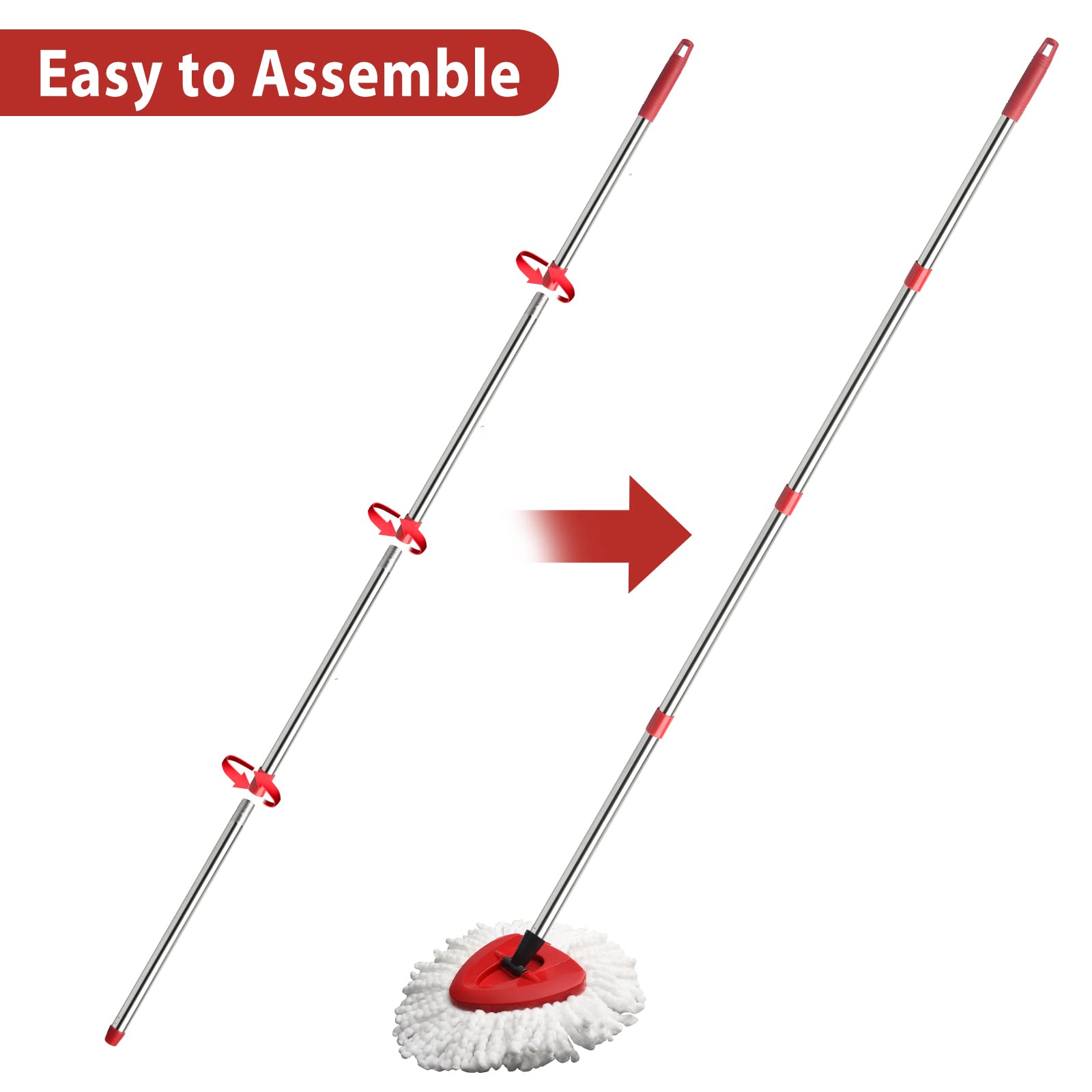 4-Section Adjustable Spin Mop Replacement Handle (2.5-5 Feet) - Compatible with O Cedar EasyWring Spin Mop Base - Durable Cleaning Tool for Floors, Tiles & Hardwood Surfaces - Perfect for Kitchen, Bathroom & Household Cleaning (Mop Head Not Included)