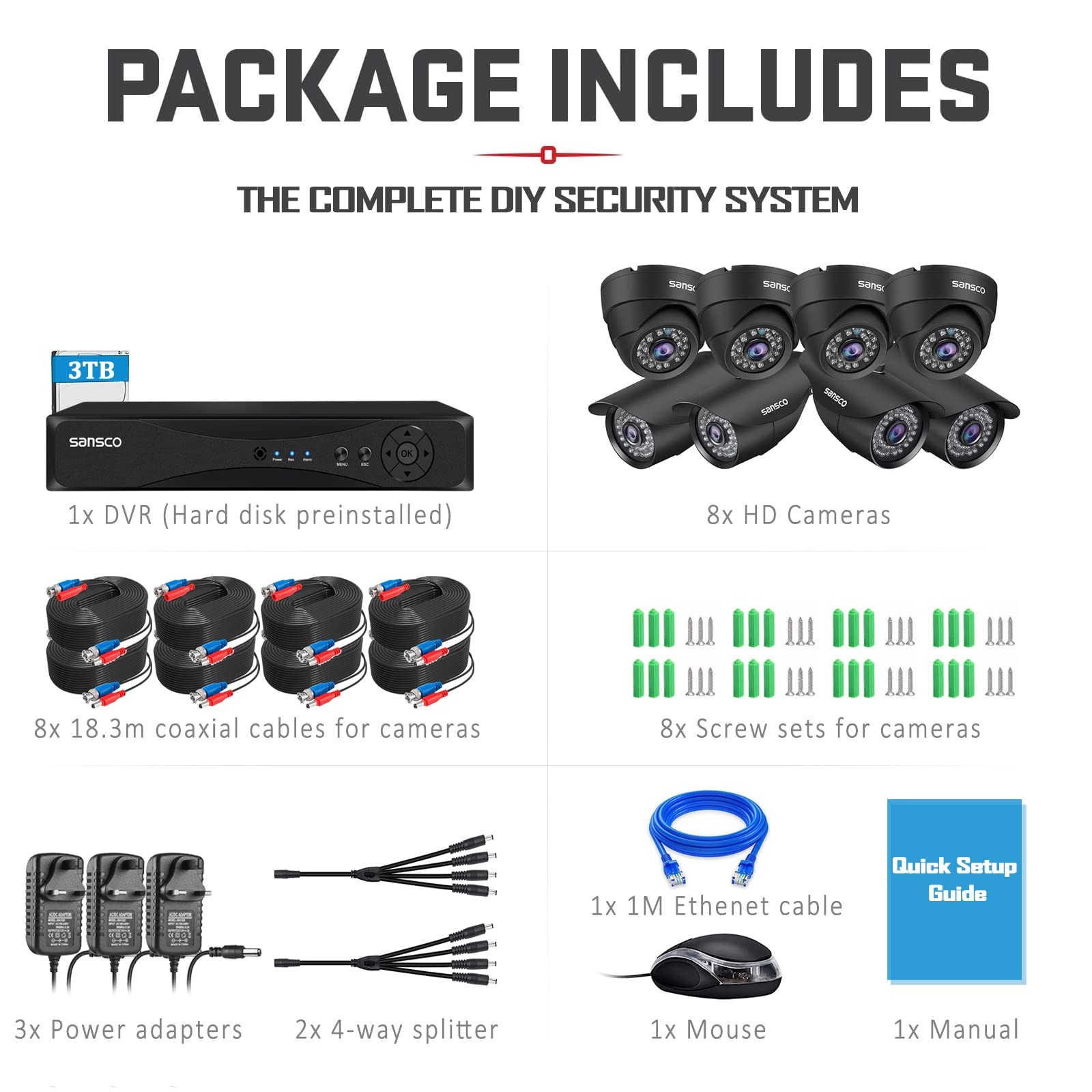 8 Channel 5MP CCTV DVR Security System with 3TB HDD & 8x 2MP Weatherproof Bullet Dome Cameras - IP66 Vandal Proof, Mobile Remote Viewing, Motion Detection Alerts, 24/7 Recording - Ideal for Home & Business Surveillance