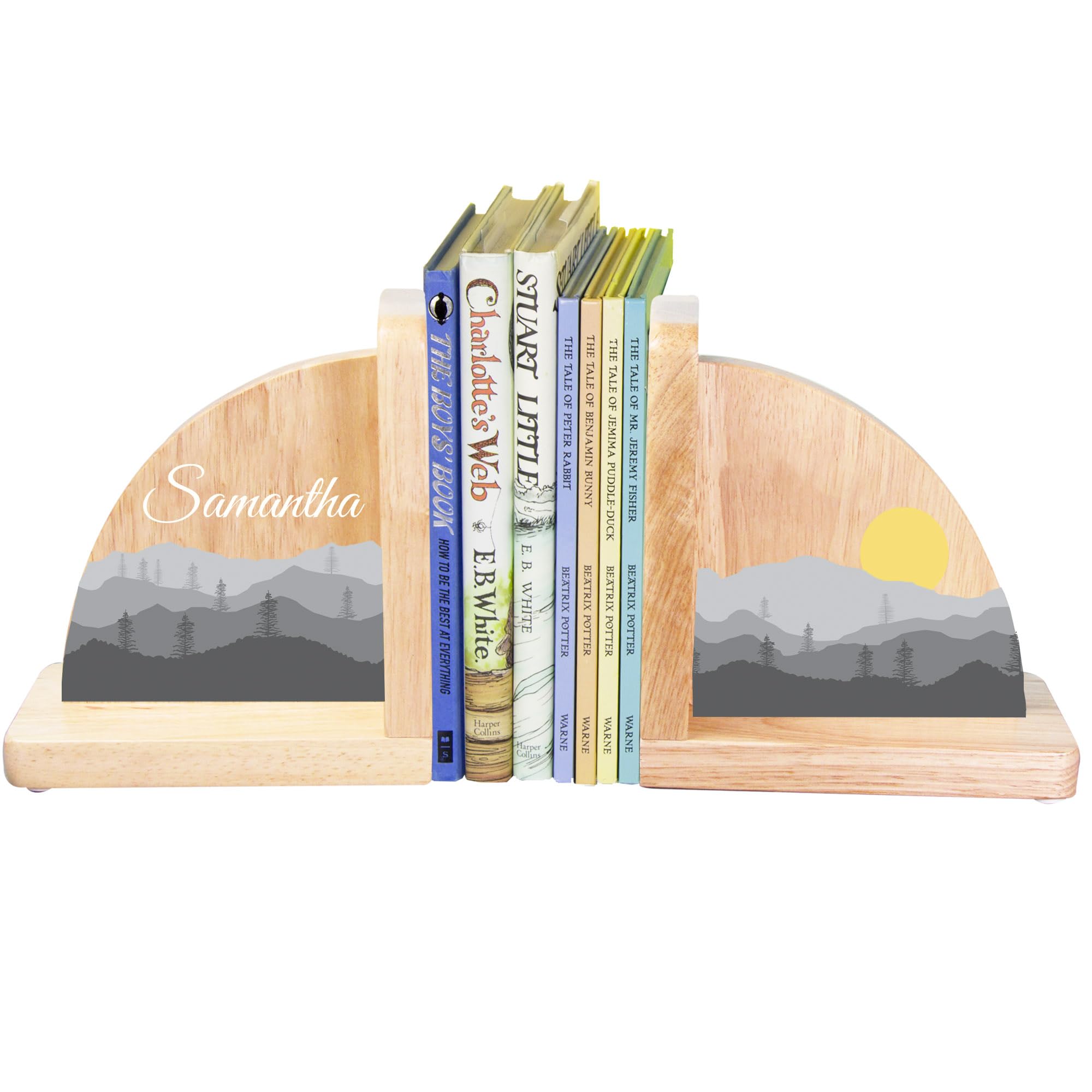 Personalized Wood Bookends with Gradient Mountain Design - Custom Name Engraved for Nursery, Office & Desk Decor - Perfect for Gifts, Bookshelves & Home Organization