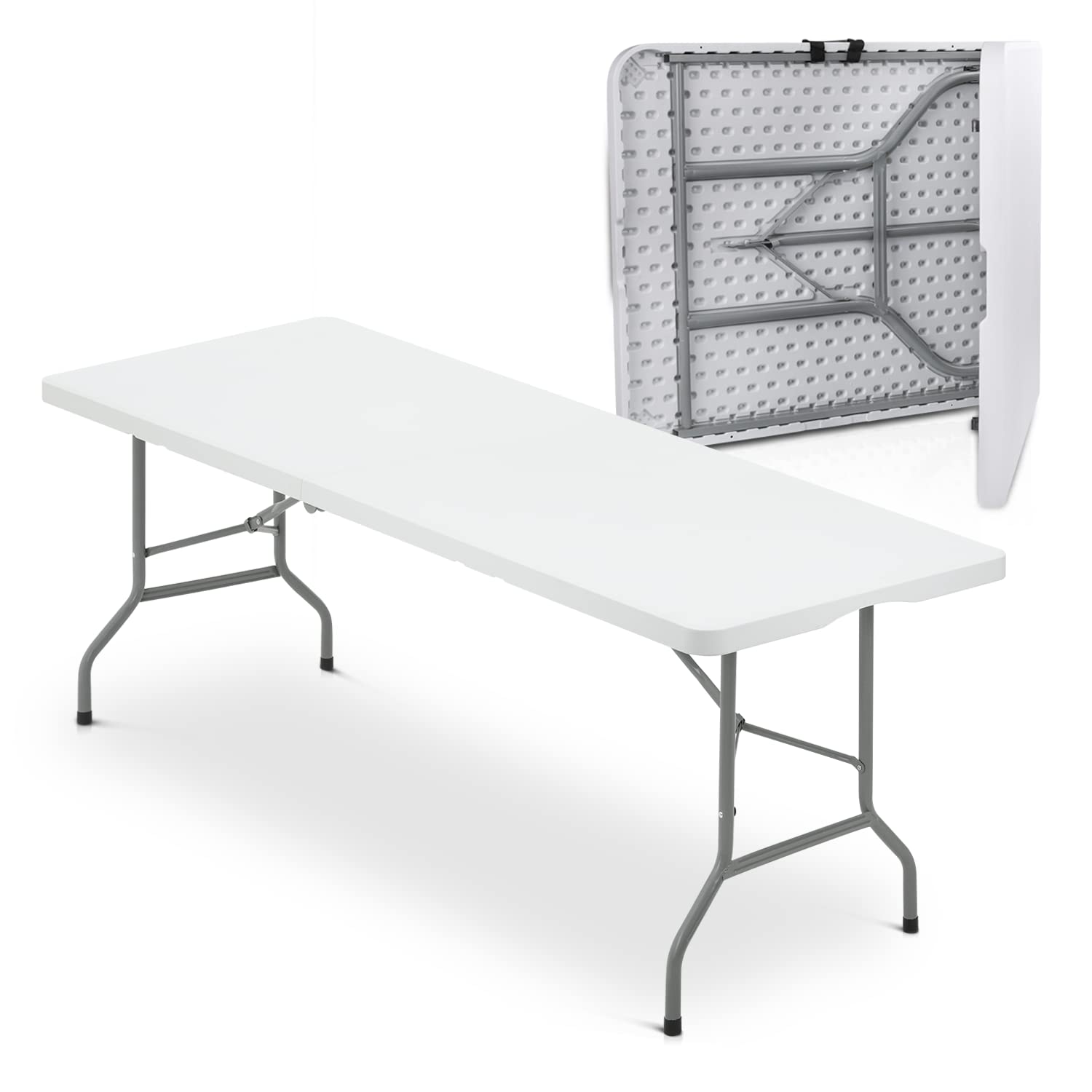 MoNiBloom 8Ft Folding Heavy Duty Utility Table - Sturdy Steel Legs & Handle, Portable Plastic Table for Indoor & Outdoor Use - Perfect for Weddings, Events, Picnics, Camping & Backyard Gatherings (White)
