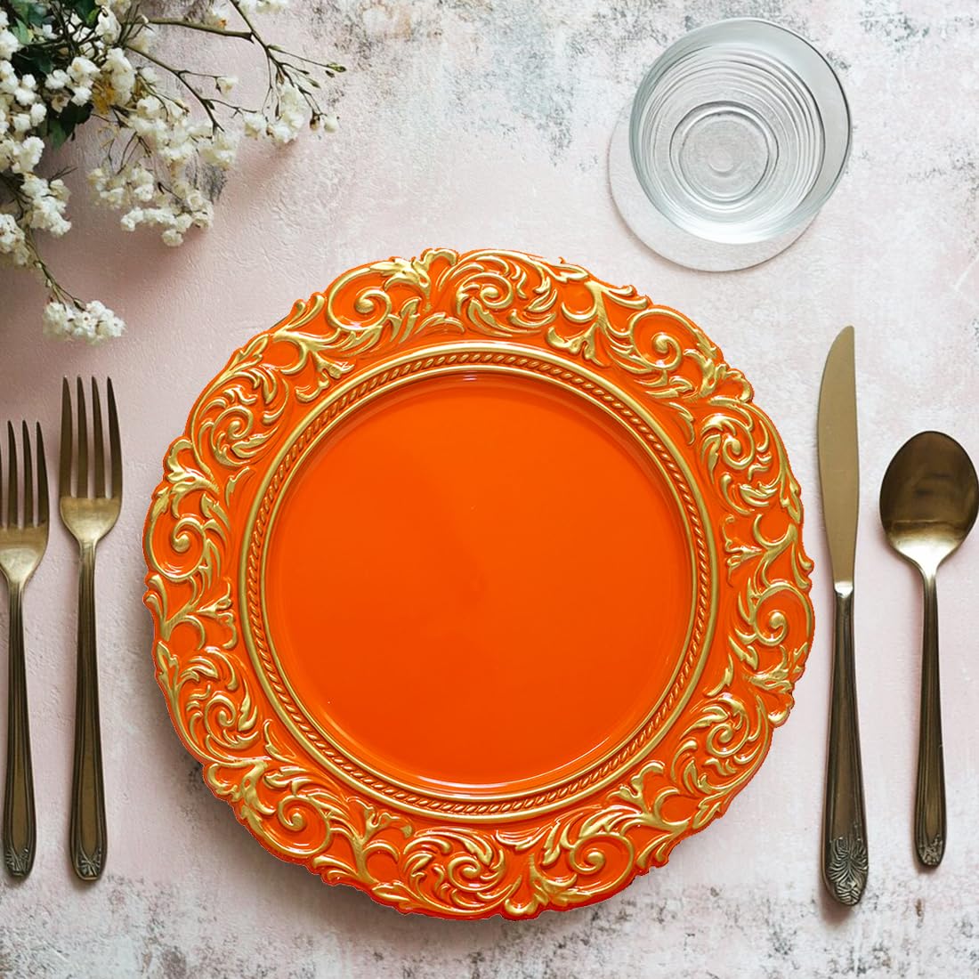 Gold Trimmed Orange Charger Plates - 13 Inch Elegant Plastic Dinner Plates for Wedding, Party & Formal Table Setting - Set of 6 - Perfect for Holiday Dinners, Buffet Displays & Upscale Events