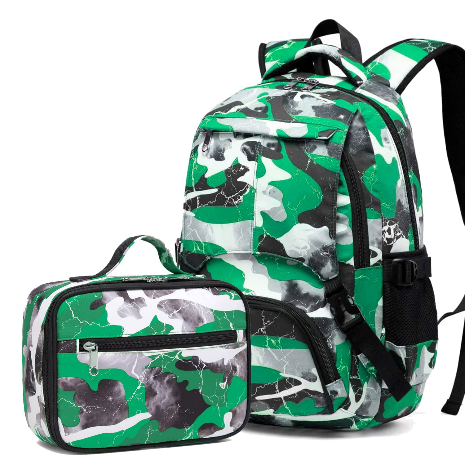 Kids Backpack with Lunch Bag - Lightweight School Bookbag for Boys & Girls, Elementary to Middle School, Durable Green Camo Design - Perfect for School, Travel & Birthday Gifts