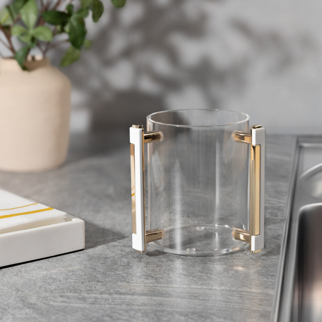 Premium Acrylic Wash Cup with White & Gold Handle - Ideal for Paint Brushes, Watercolor, and Art Studio Cleaning - Perfect for Artists, DIY Projects & Home Decor