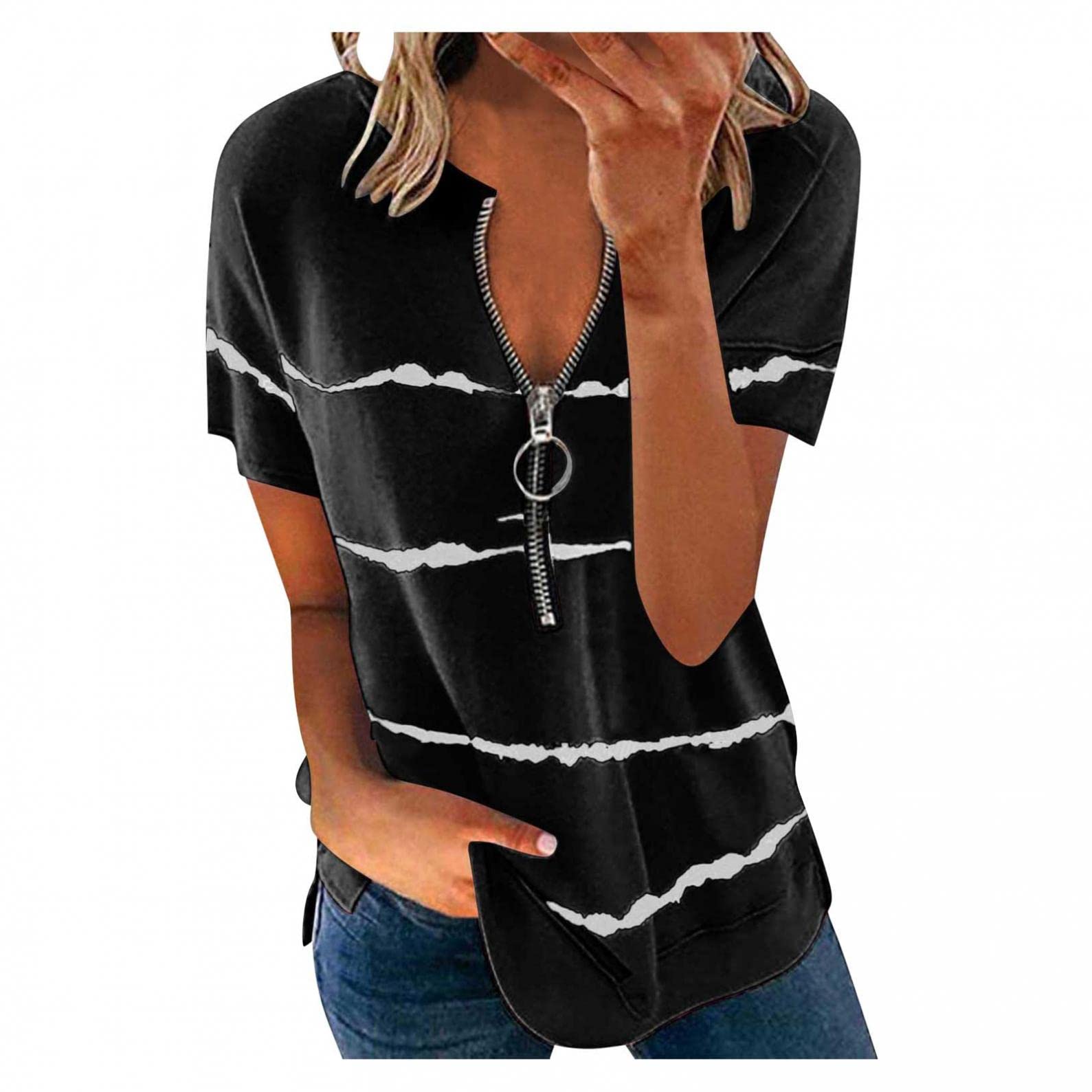 Women's Fashion Striped Zip Blouse Tunic - Elegant Casual & Dressy Summer Tops for Women | Perfect for Office Wear, Date Nights & Outdoor Events