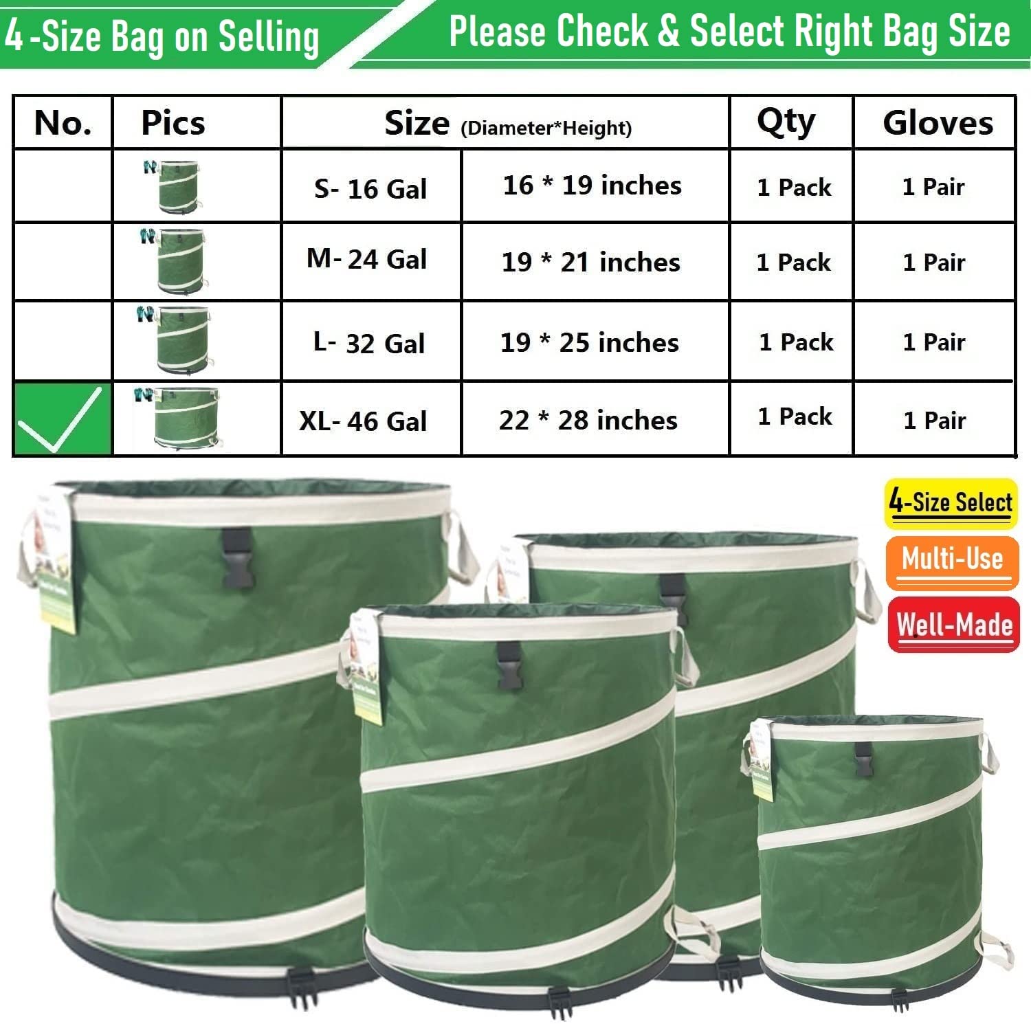 46-Gallon Collapsible Trash Can with Hard-Shell Bottom - 22x28 Inch Yard Waste Bag for Garden Debris, Recycling, Camping & Laundry | Heavy-Duty Collapsible Container with 4 Handles for Leaves, Grass Clippings & Outdoor Cleanup | Perfect for Backyard, Garage & RV Use