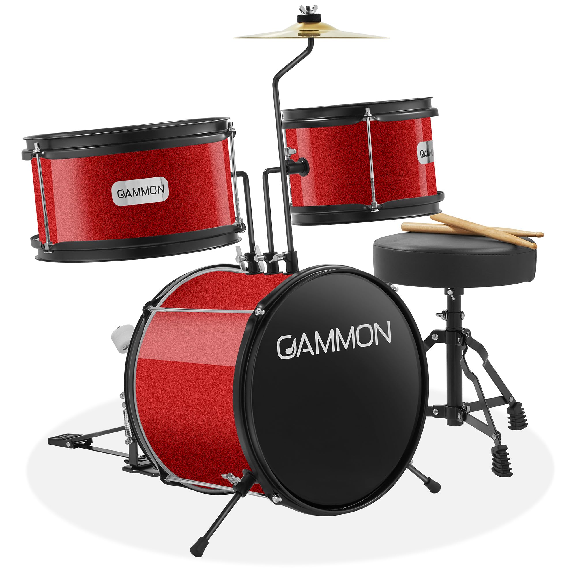 Gammon 3-Piece Junior Drum Set with Throne - Red, Complete Beginner Drum Kit with Bass Drum, Toms, Cymbal, Pedal & Drumsticks | Perfect for Kids Music Lessons, Home Practice & First Drum Set for Young Musicians