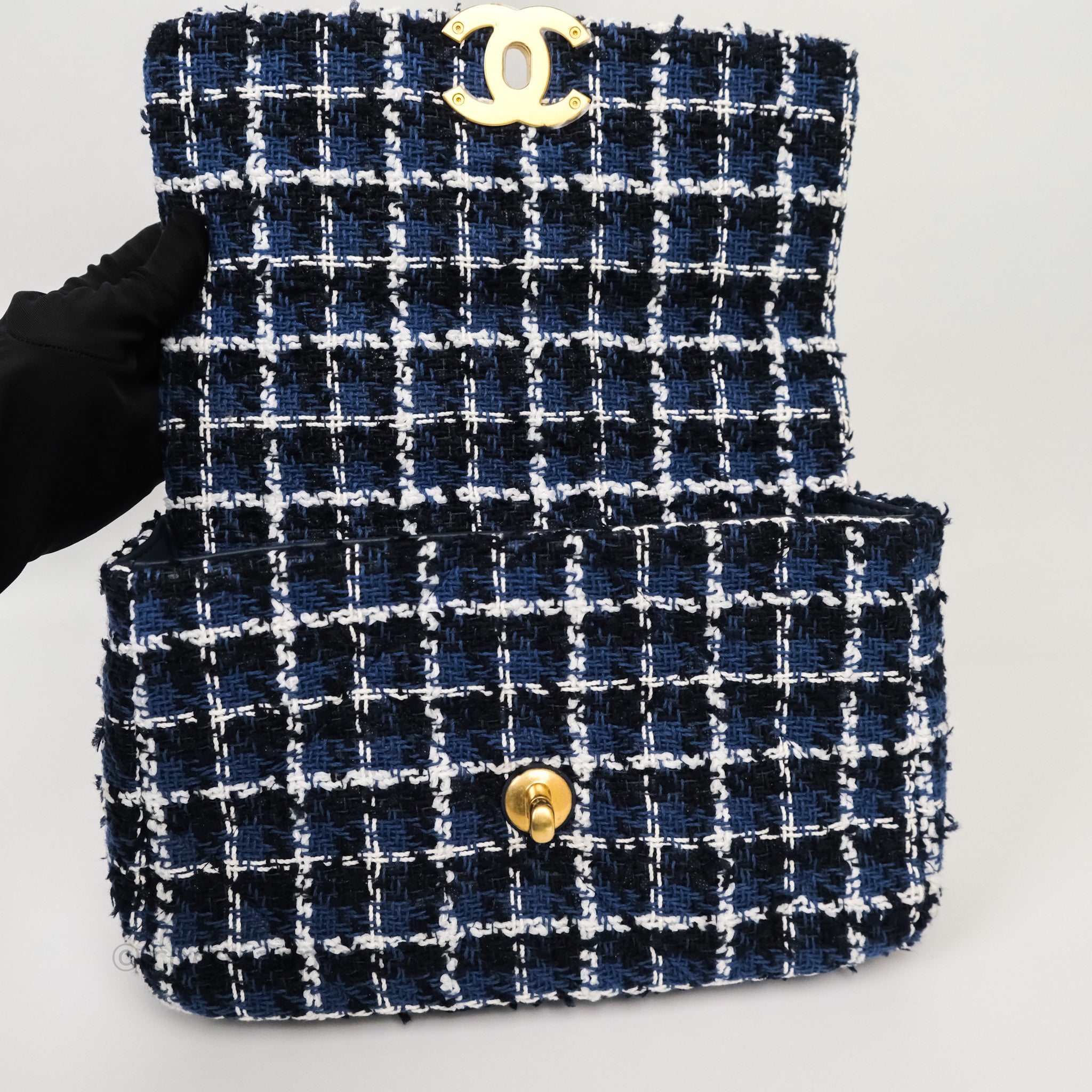 Chanel 19 Small Handbag in Blue, White & Black Grid Tweed with Mixed Hardware - Perfect for Work, Travel & Evening Events
