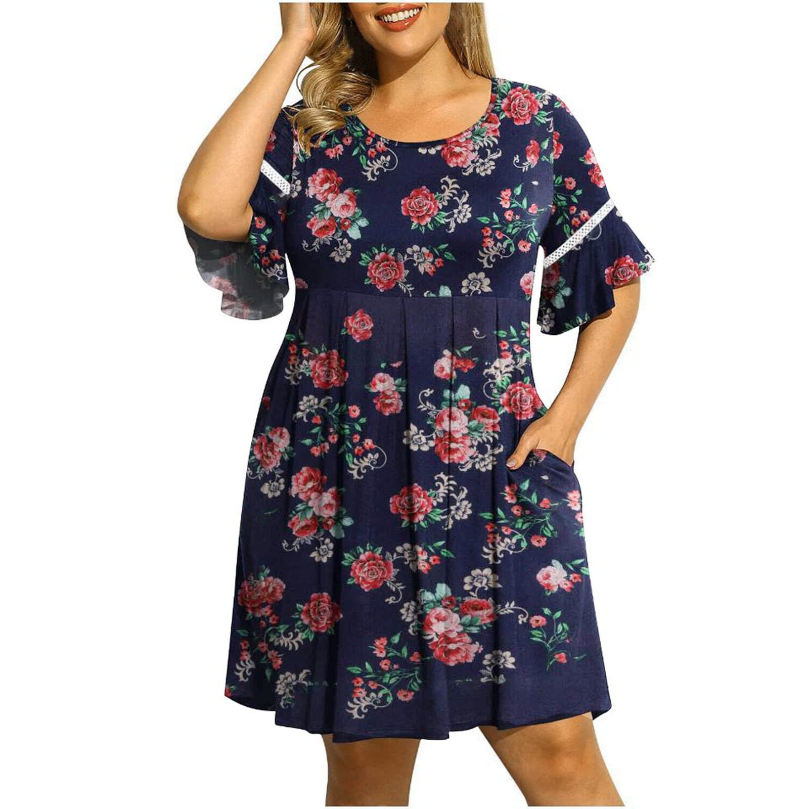 Women's Plus Size Cute Off Shoulder Summer Swing Dress - Round Neck Casual Party Dress with Pockets | Perfect for Beach Vacations, Date Nights & Outdoor Events