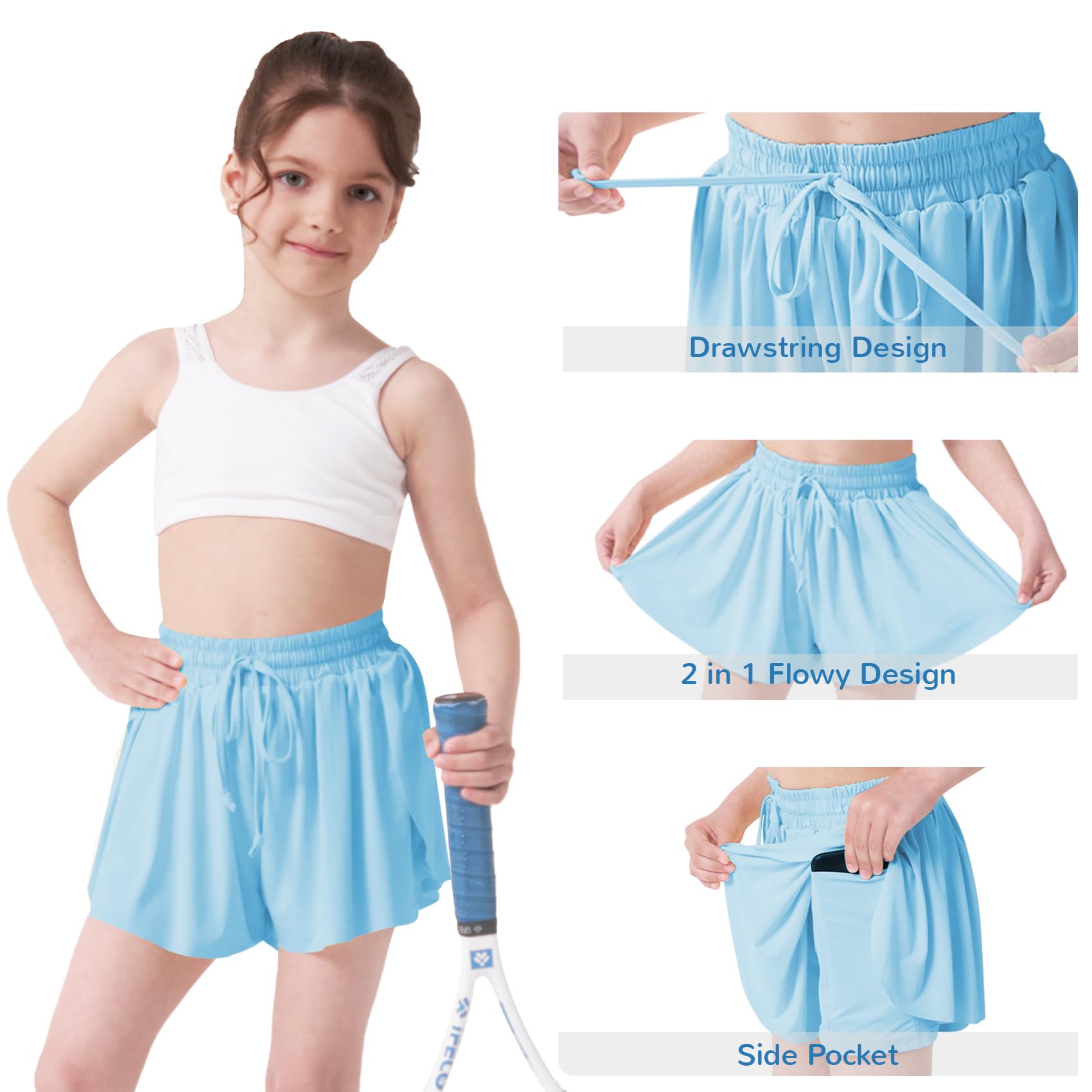 Butterfly Print Girls' Athletic Shorts with Liner - 2-in-1 Running Shorts for Toddler & Youth - Soft Flowery Shorts for Kids' Sports, Play & Outdoor Activities