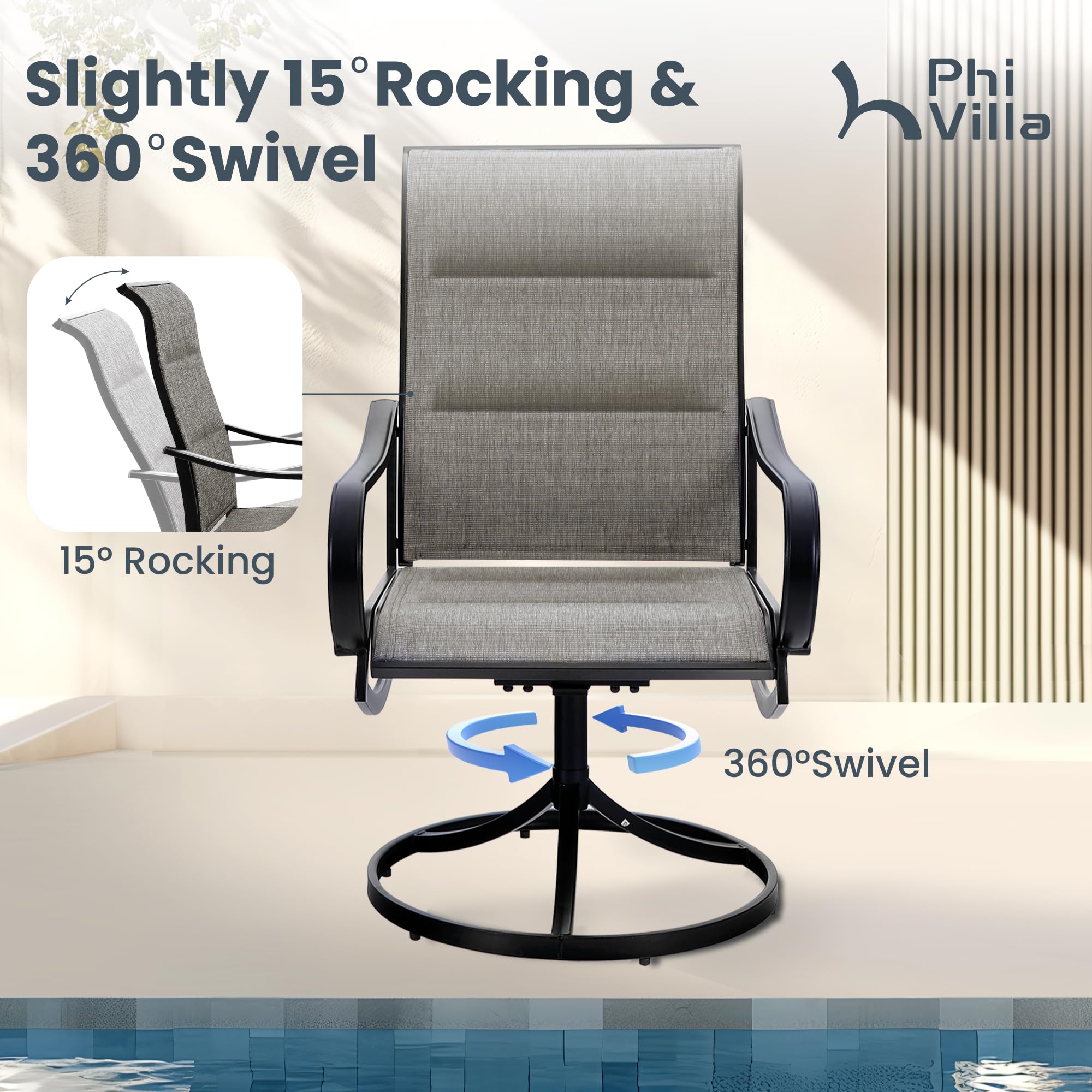 PHI VILLA 6-Piece Outdoor Dining Set with Swivel Chairs - Navy Blue 13ft Patio Umbrella, Textilene Padded Armrest Chairs & Large Metal Table - Perfect for Garden, Backyard, Poolside & Outdoor Entertaining