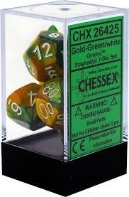 Chessex Polyhedral 7-Dice Set - Gemini Gold & Green with White Numbers | RPG Dice for Dungeons & Dragons, Pathfinder, and Tabletop Gaming