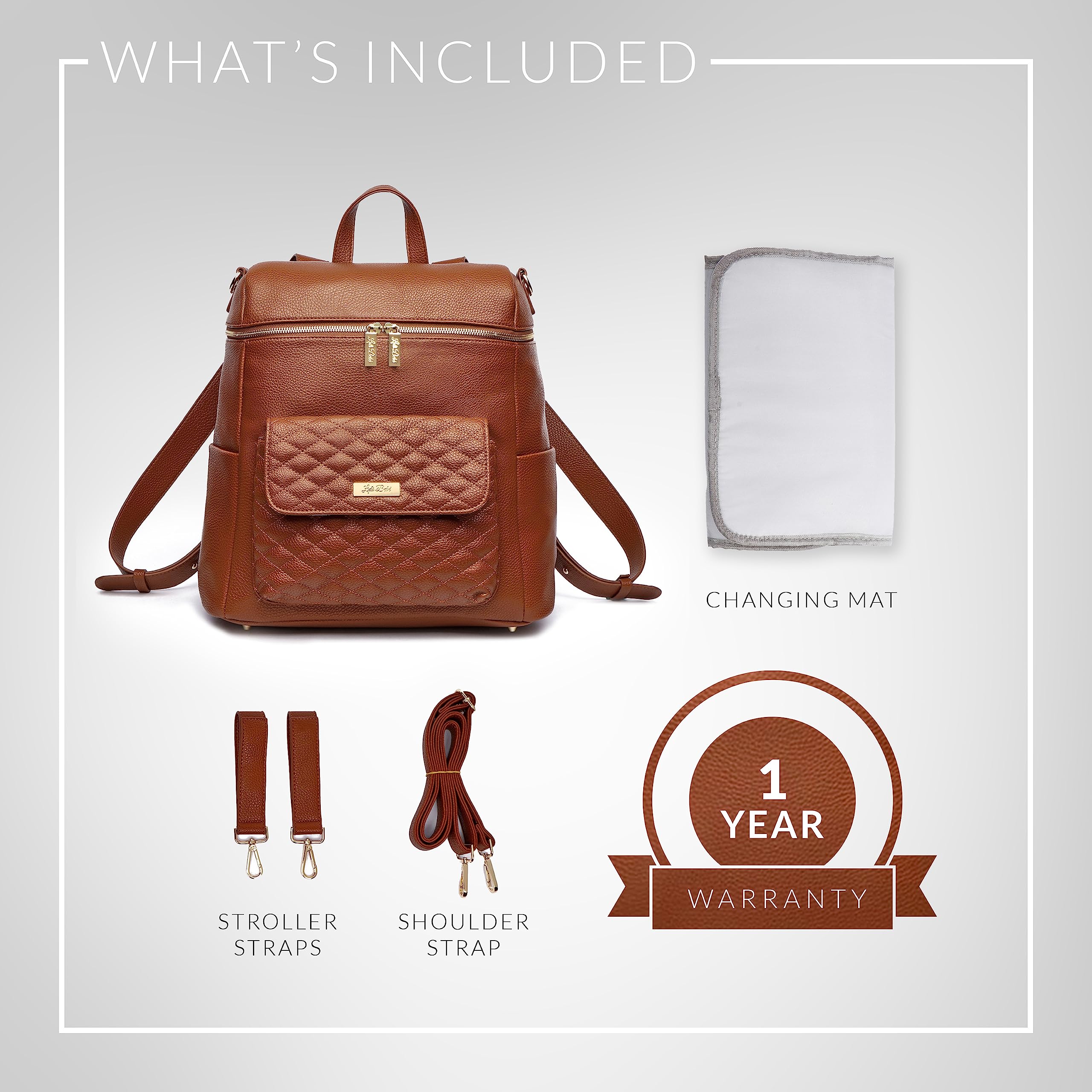 Luli Bebe Monaco Large Vegan Leather Diaper Backpack for Women - Stylish Baby Bag with Changing Pad, Roomy & Multipurpose (Caramel Brown) | Perfect for Travel, Daycare & On-the-Go Moms