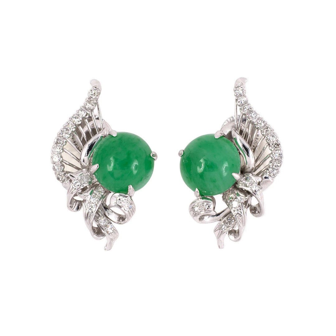 Exquisite Green Jadeite & Diamond Scroll Clef Earrings - Elegant Musical Jewelry for Women - Perfect for Concerts, Parties & Special Occasions