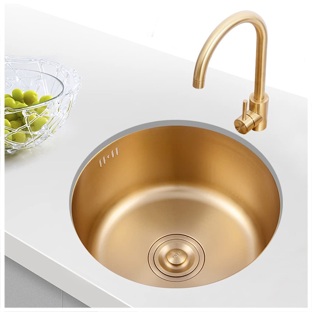 304 Stainless Steel Single Bowl Kitchen Sink with Tap - Gold Round Bar Counter Sink (32×19cm) for Modern Kitchens