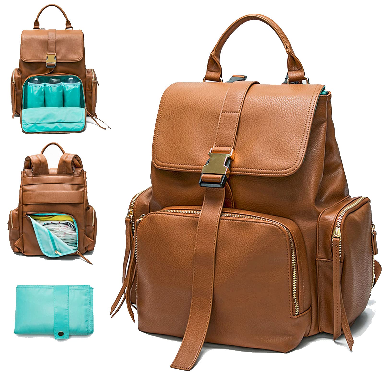 Premium Leather Diaper Backpack for Moms - 14 Pockets, Large Capacity Baby Travel Bag with Changing Pad & 4 Insulated Pockets - Perfect for Daycare, Travel & On-the-Go Parenting (Brown)