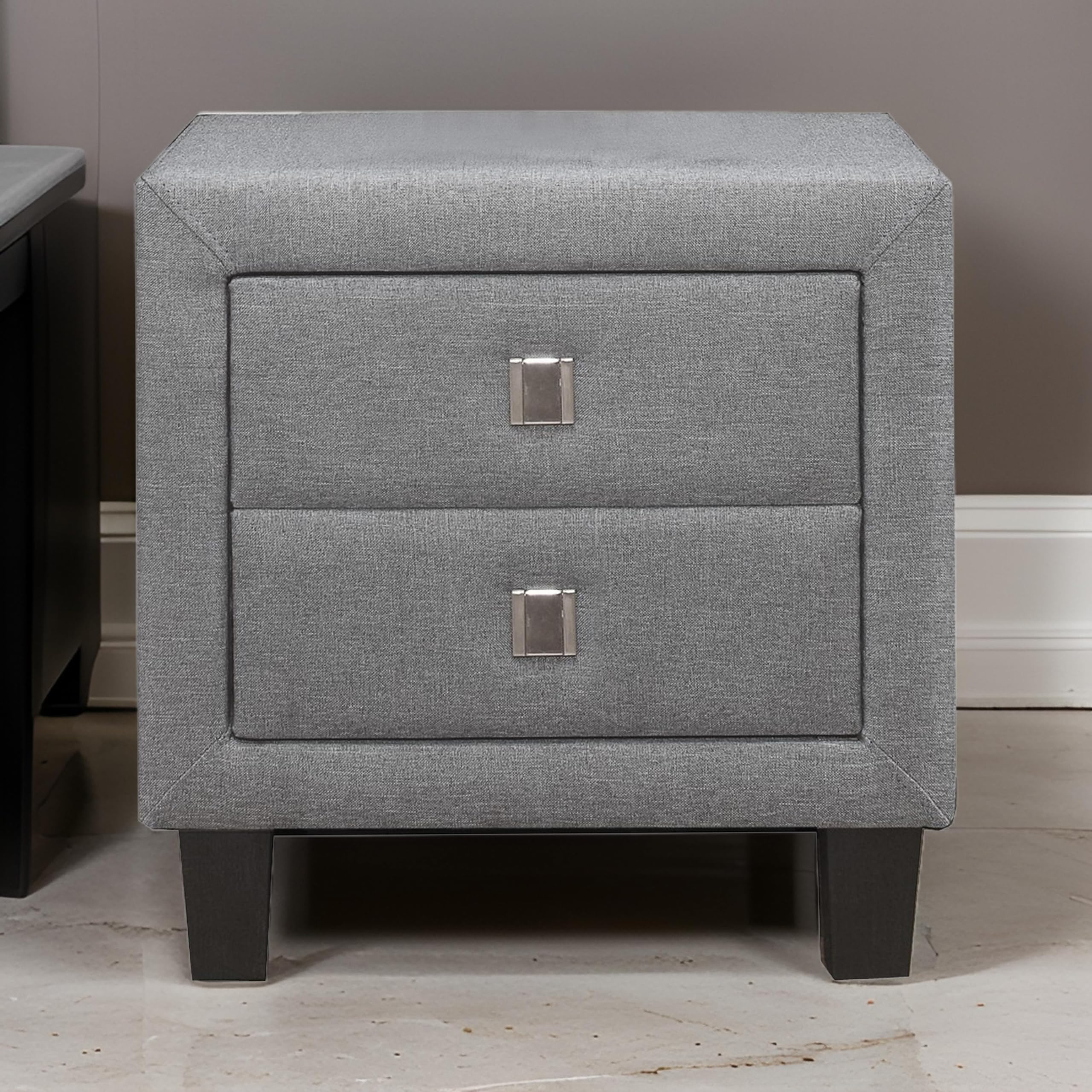 Benjara Gray Nightstand with Single Drawer & Fabric Wrapping - Modern Bedside Table for Bedroom, Living Room or Office (Home Decor Furniture)
