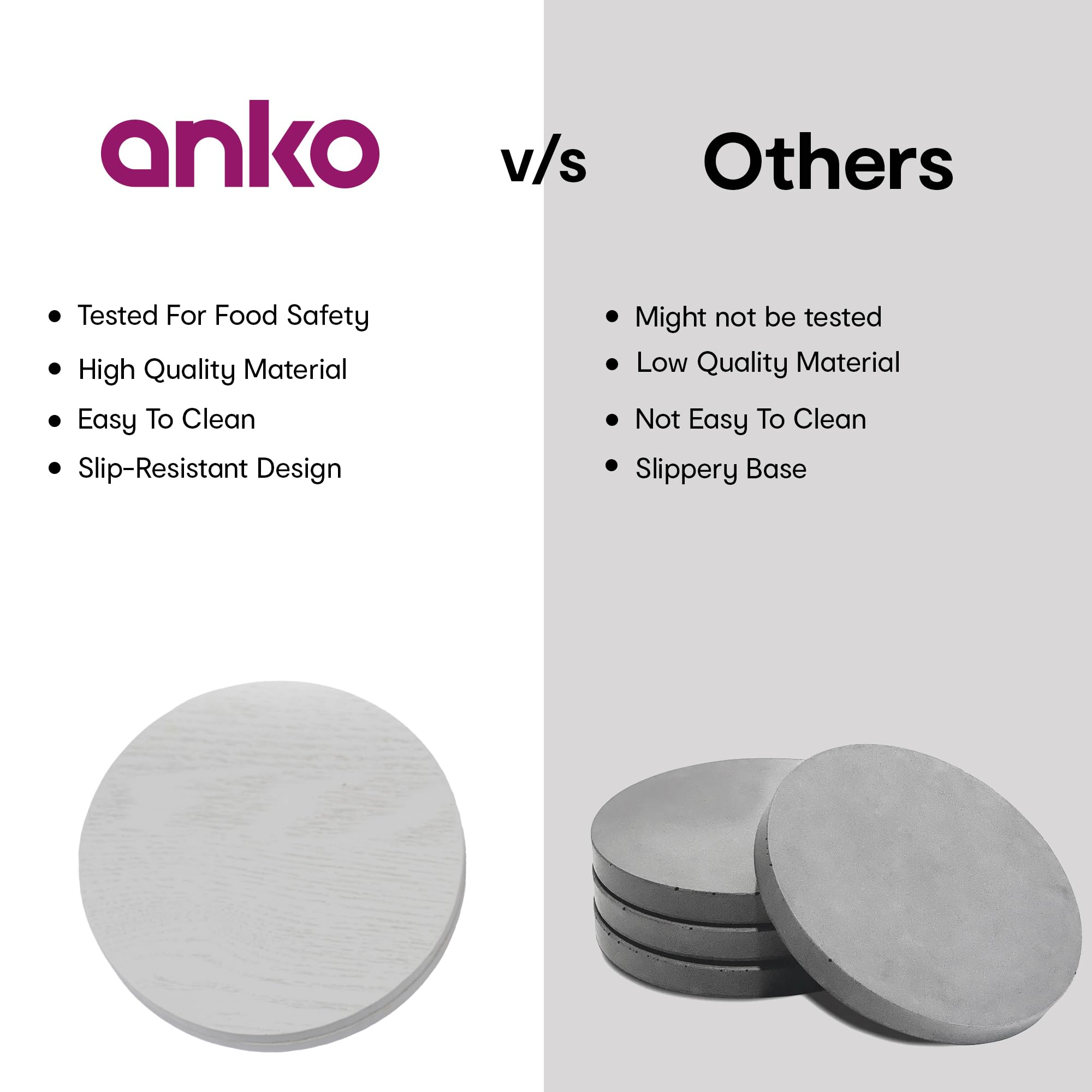 Anko 6-Piece Round MDF Coaster Set - Reversible Tea & Coffee Coasters for Dining Table, Grey Drink Coasters for Hot & Cold Beverages - Perfect for Coffee Mugs, Tea Cups, Beer Cans & Water Glasses (10cm Diameter) - Ideal for Home, Office & Restaurant Use