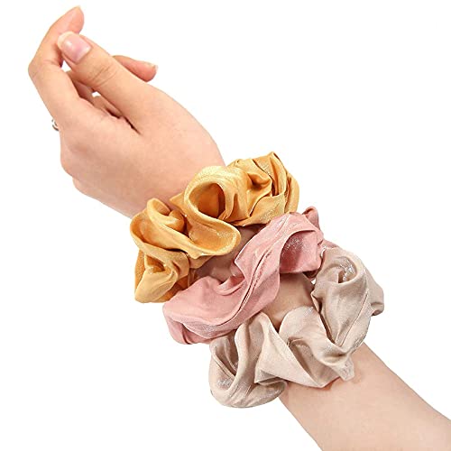 Belicia Pack of 3 Solid Shiny Satin Scrunchies for Women - Soft Hair Ties, No-Slip Hair Bands, Gentle Hair Bobbles for Ponytails, Buns & Everyday Styling