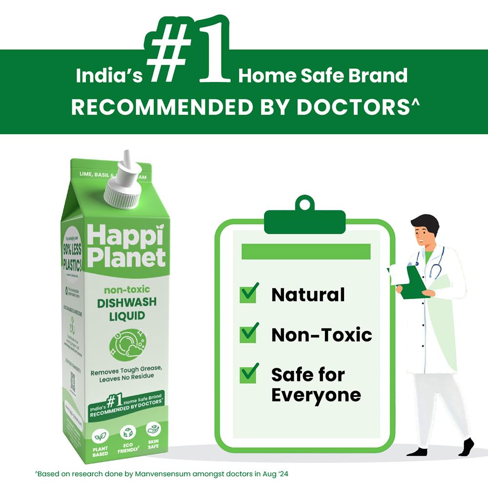 Happi Planet Organic Dishwashing Liquid Gel Refill Pack 1L - Herbal, Natural, Plant-Based, Biodegradable, Non-Toxic, Eco-Friendly - Tough Grease Remover, No Residue - Safe for Babies & Pets - Perfect for Kitchen Cleaning, Dishwashing, and Eco-Conscious Homes