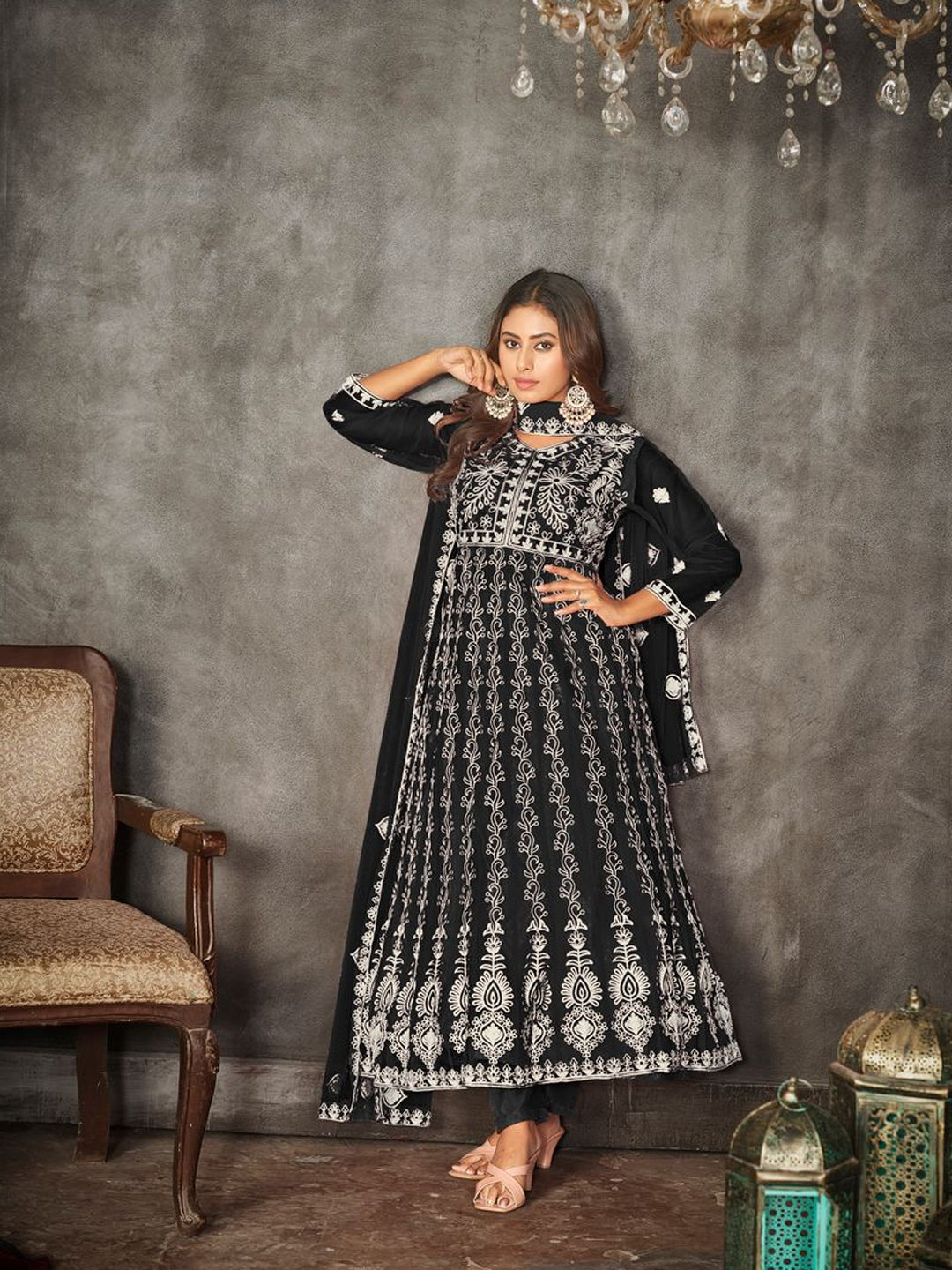 Elegant Black Designer Semi-Stitched Anarkali Suit with Intricate Embroidery - Perfect for Weddings, Parties & Festive Occasions