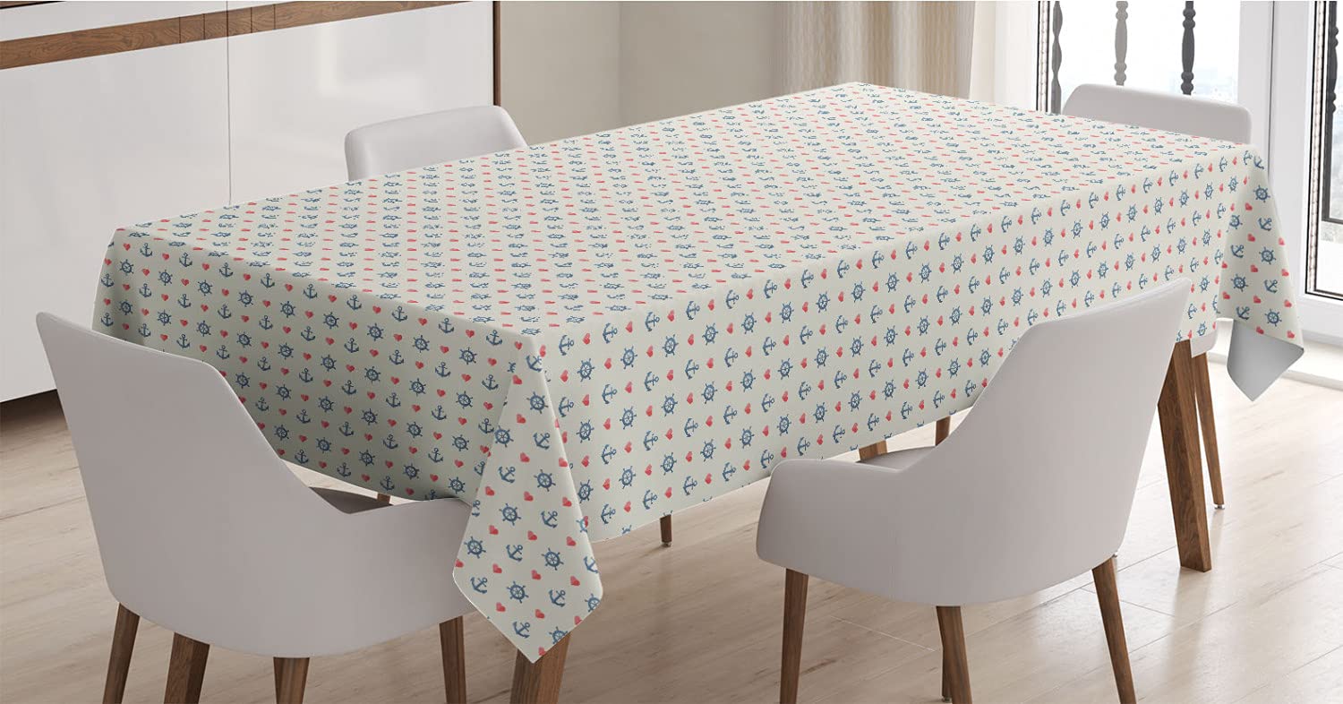 Ambesonne Anchor Tablecloth - Nautical Maritime Design with Sea Waves & Red Hearts, Romantic Ocean Theme Rectangle Satin Dining Table Cover for Kitchen & Dining Room Decor, 60x90 Inches, Blue Red White - Perfect for Beach House, Coastal Wedding, and Summer Party Decorations