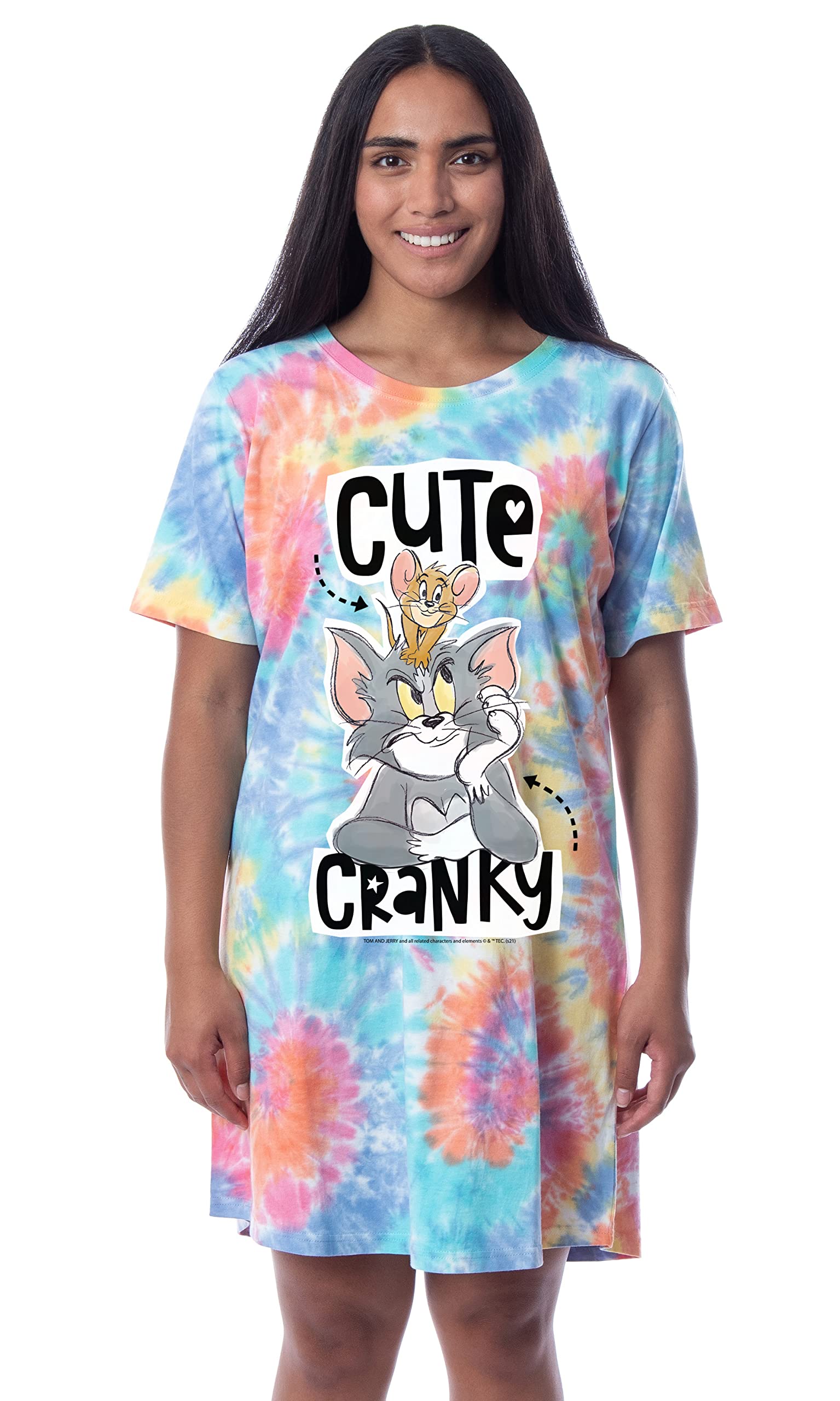 Tom and Jerry Women's Cute Tie-Dye Nightgown Sleep Pajama Shirt - Soft Cotton Loungewear for Relaxing at Home & Sleepovers