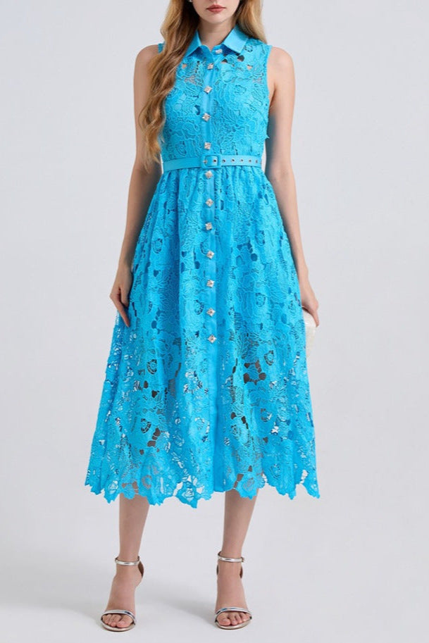 Blue Sleeveless High Waist Slim Dress with Collar - Perfect for Summer Outings, Beach Vacations & Casual Date Nights