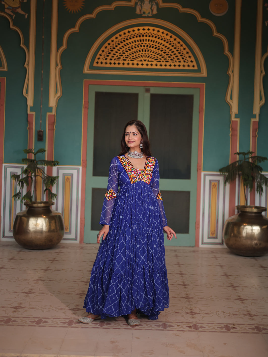 Blue Faux Georgette Elegant Long Gown with Bandhani Printed Kutchi Patch Work - Perfect for Weddings, Parties & Special Occasions