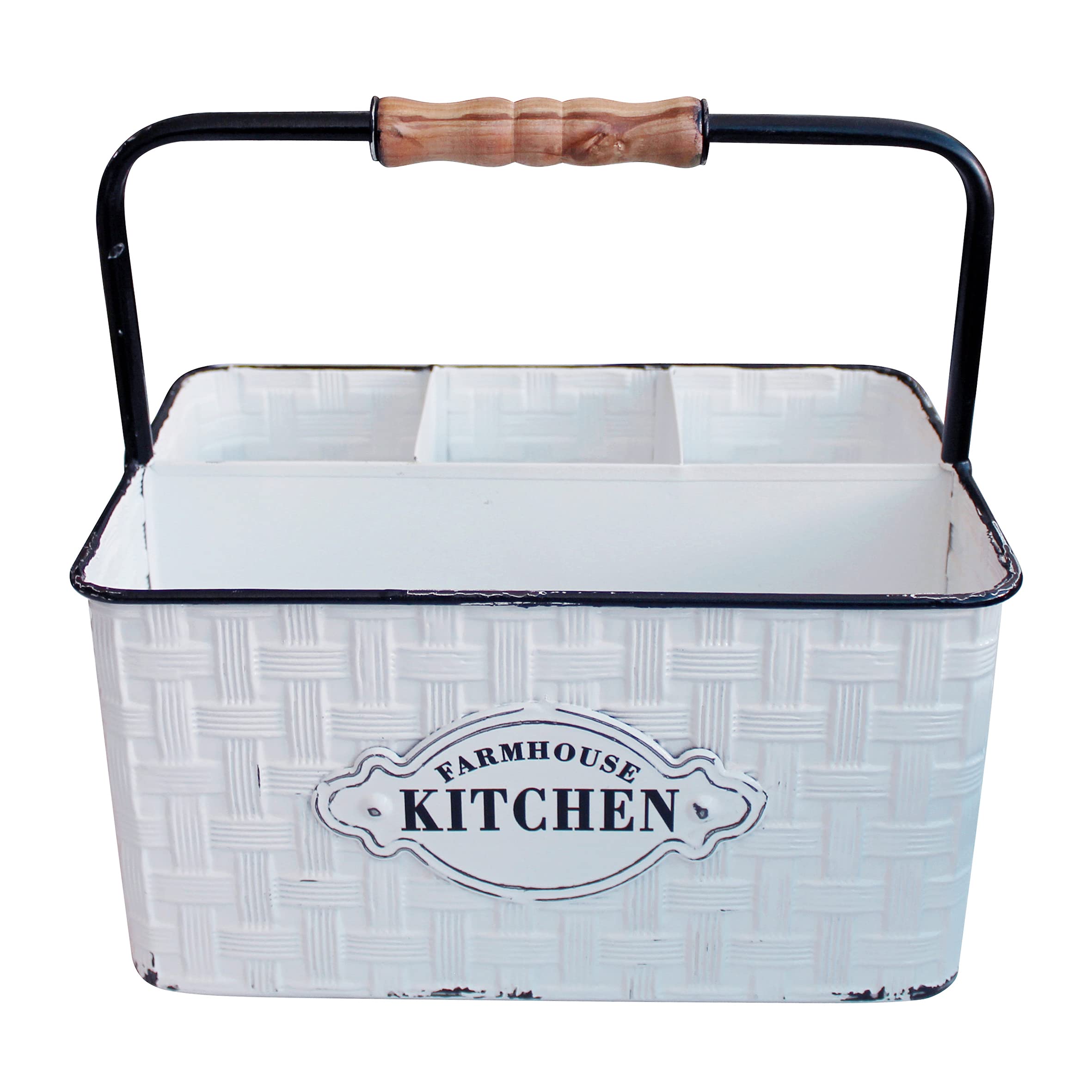 Rustic Distressed Metal Silverware Organizer - Enamel Finish Utensil Caddy with Wood Handle & 4 Compartments | Flatware Holder & Tabletop Organizer for Kitchen, Dining Room, or Restaurant | White Home Decor