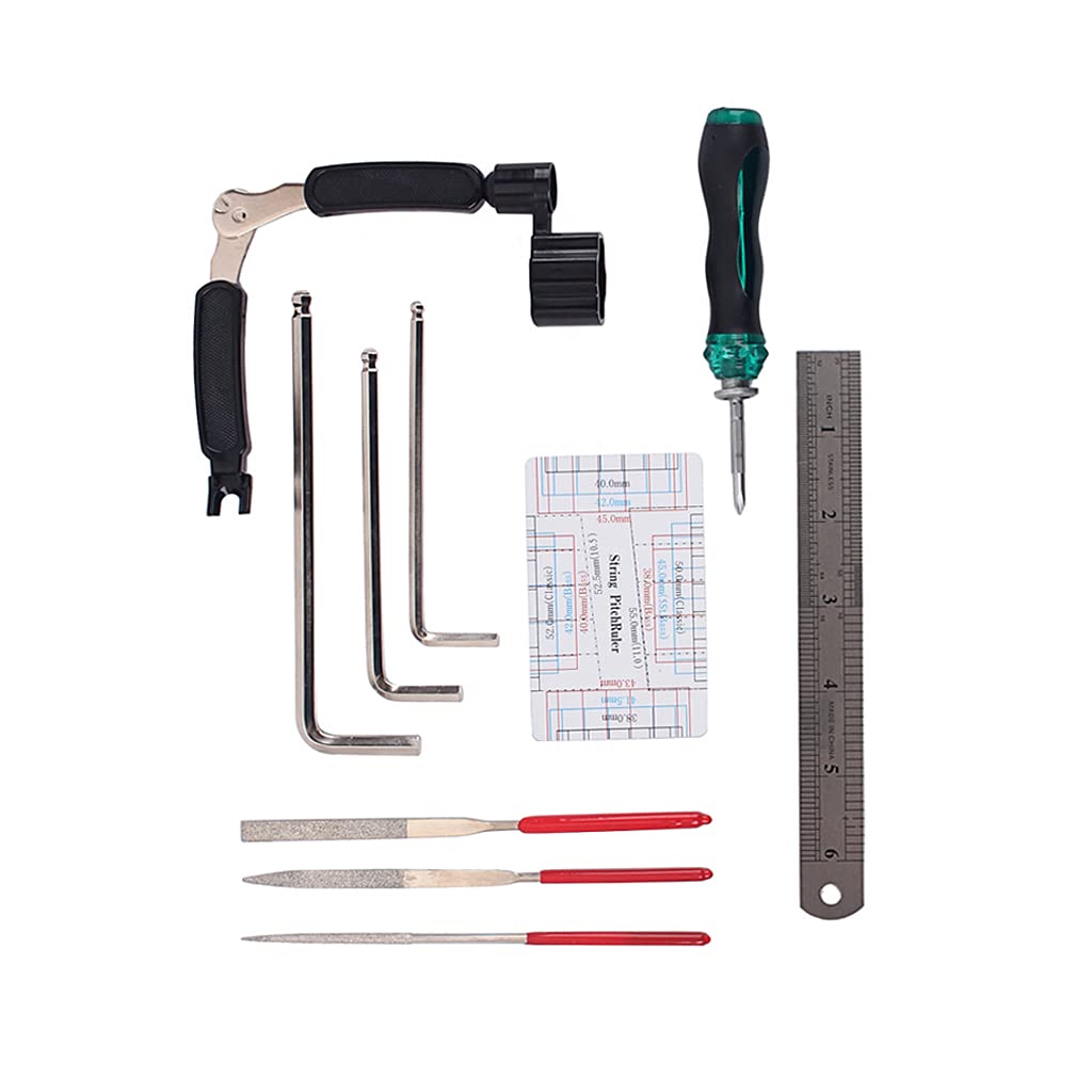 Electric Guitar Repair & Maintenance Tool Kit - String Organizer, Action Ruler, Gauge, Hex Wrench Set & File for Guitar, Ukulele, Bass, Mandolin, Banjo | Professional Instrument Care & Setup Tools for Musicians