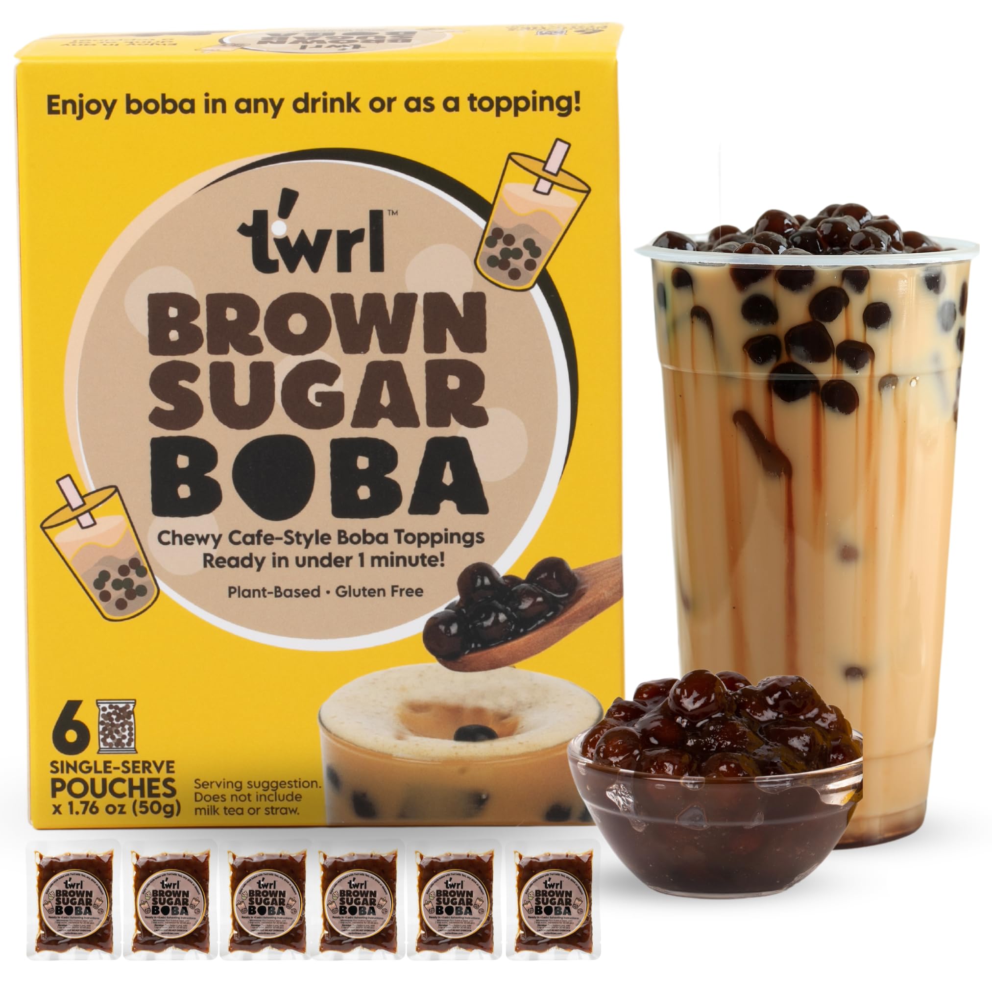 Twrl Brown Sugar Boba Bubble Tea Toppings - Authentic Taiwanese Tapioca Pearls for Milk Tea & Coffee | Gluten-Free, Vegan, Instant Boba (6 Single-Serve Pack) | Perfect for Home Bubble Tea, Coffee Shops & Dessert Toppings